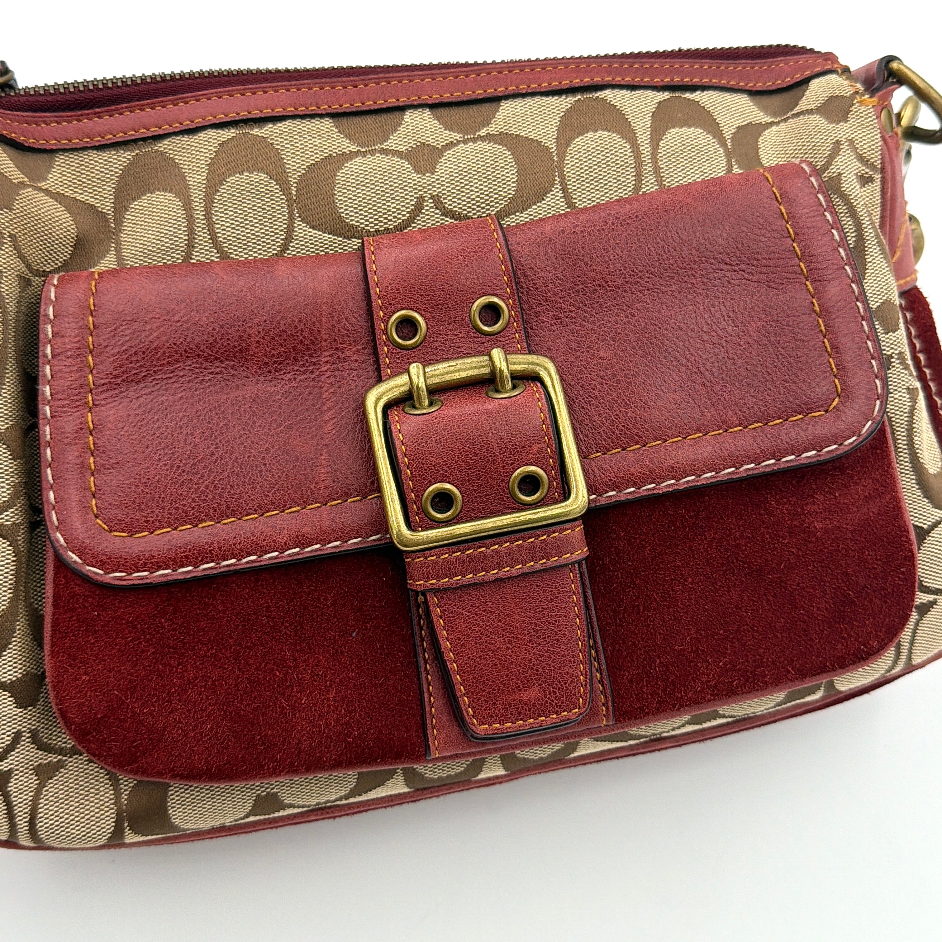 Coach Signature Front Buckle Shoulder Bag Burgundy/Beige
