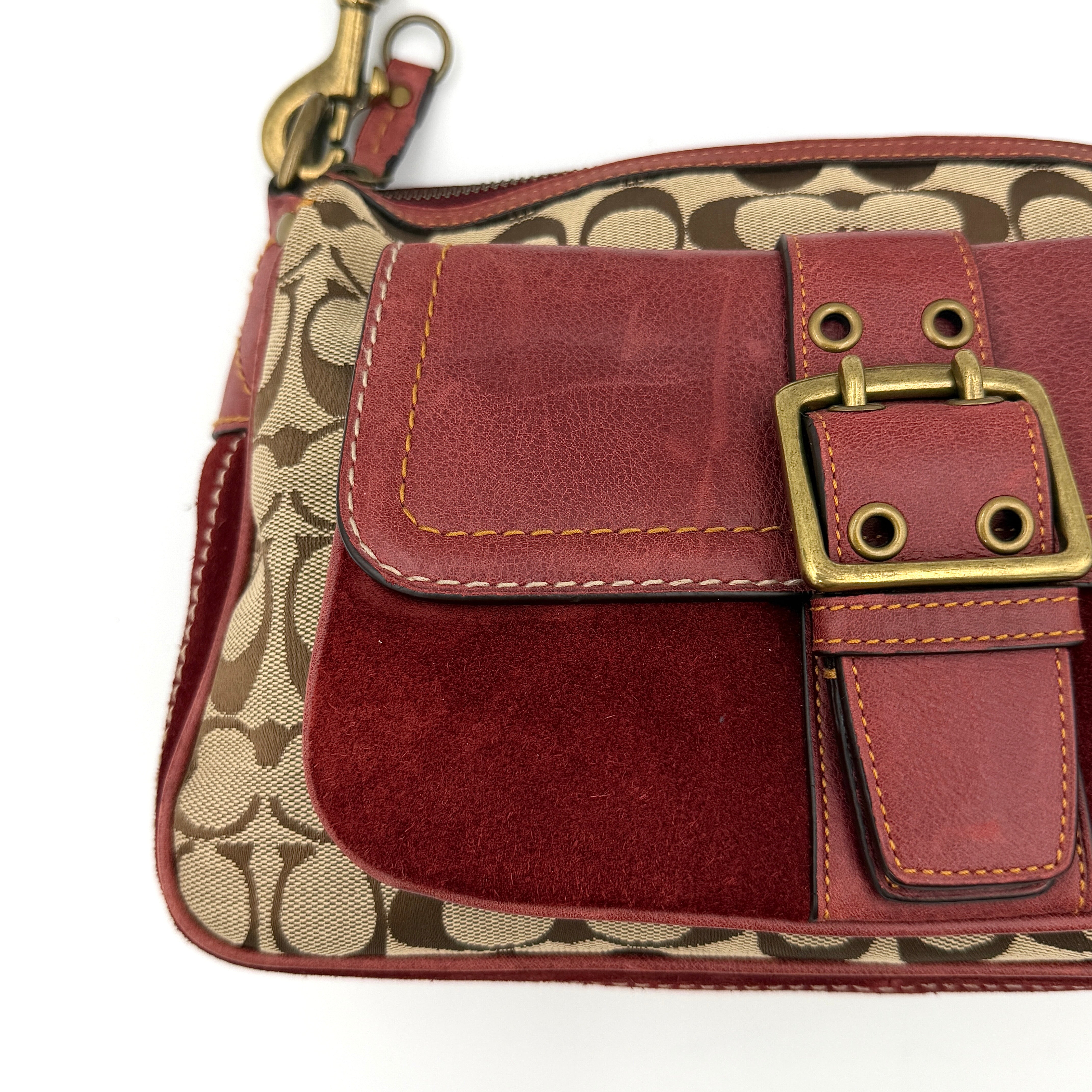 Coach Signature Front Buckle Shoulder Bag Burgundy/Beige