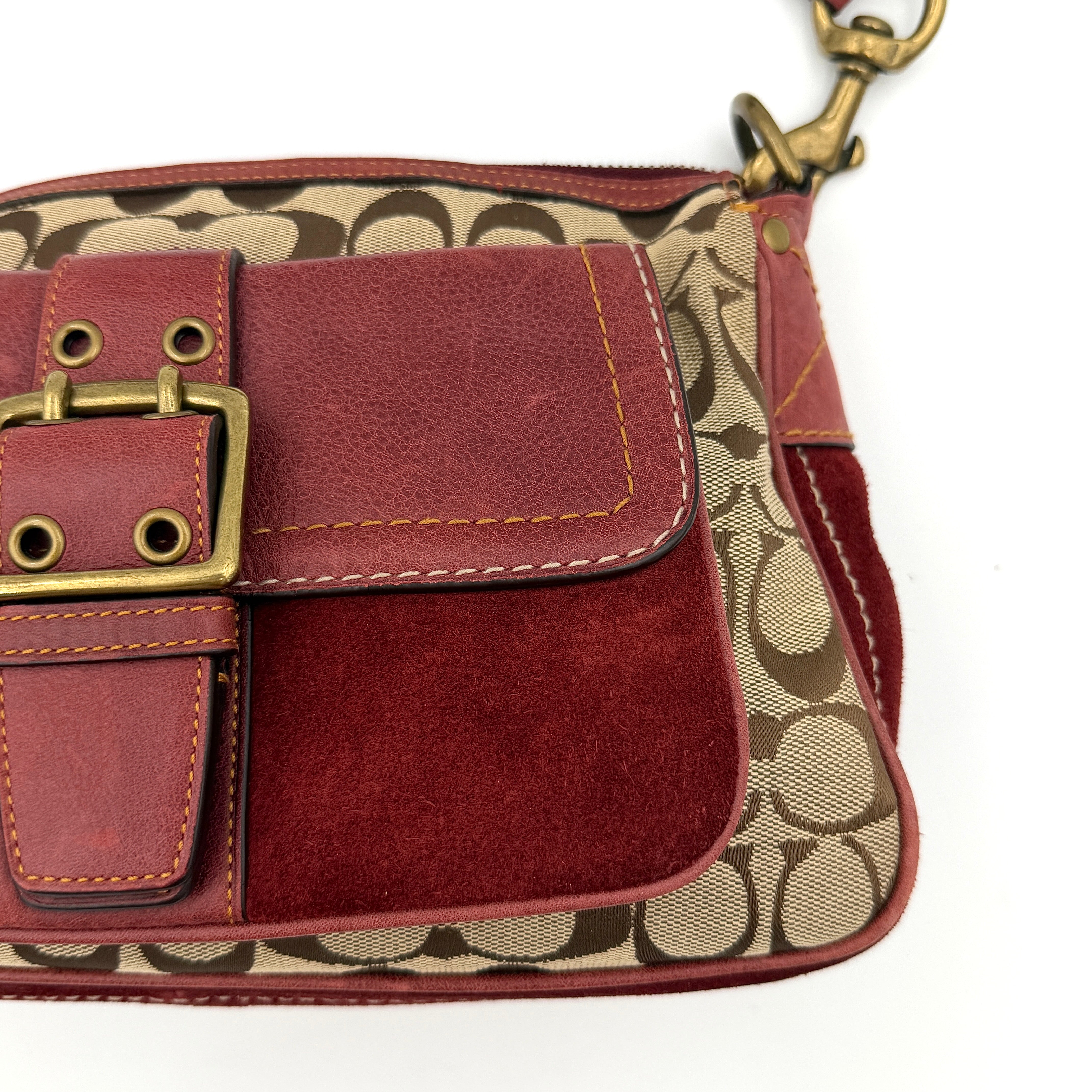 Coach Signature Front Buckle Shoulder Bag Burgundy/Beige