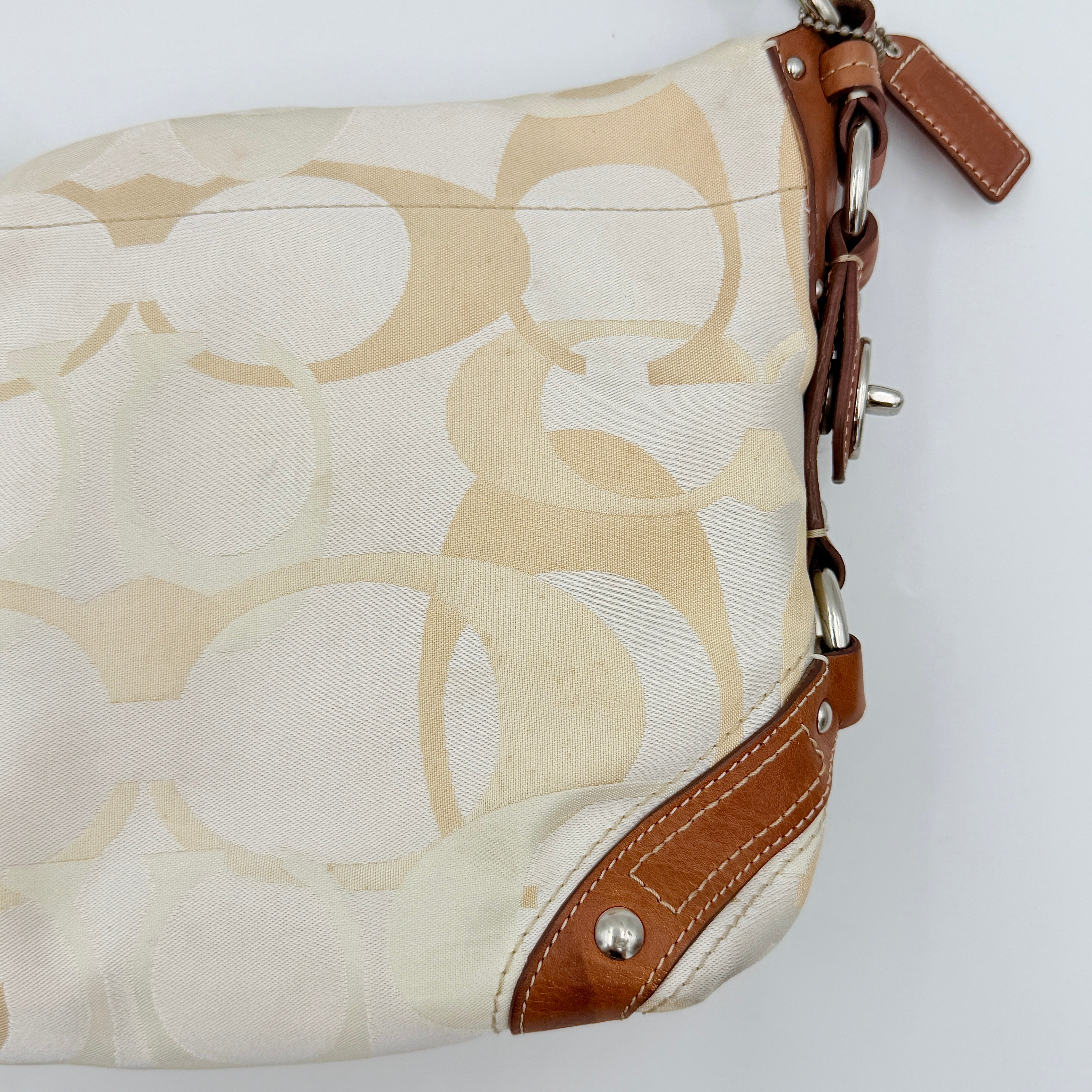 Coach Signature Carly Hobo shoulder bag in cream and brown canvas with tan leather trim and chain-detailed strap.