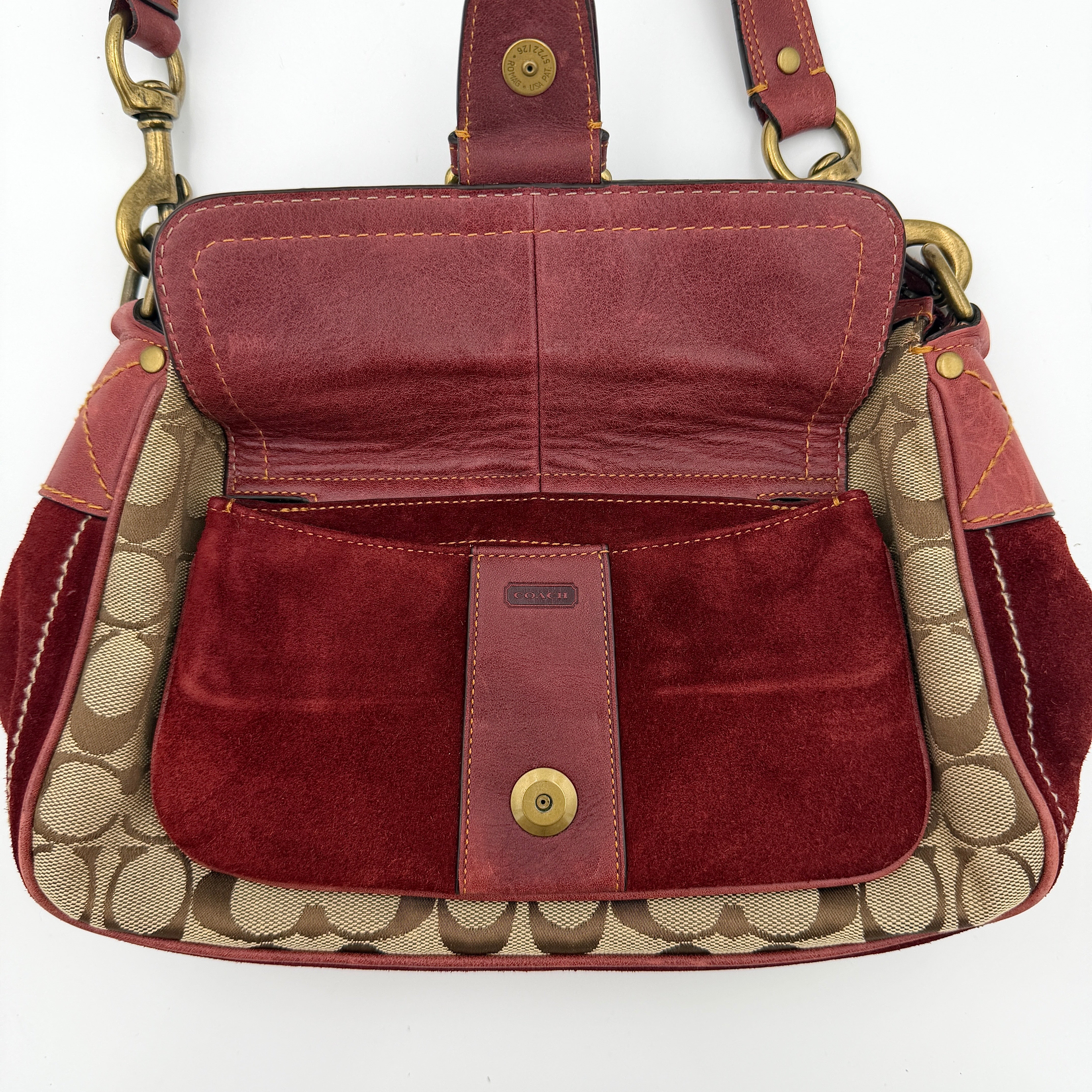 Coach Signature Front Buckle Shoulder Bag Burgundy/Beige