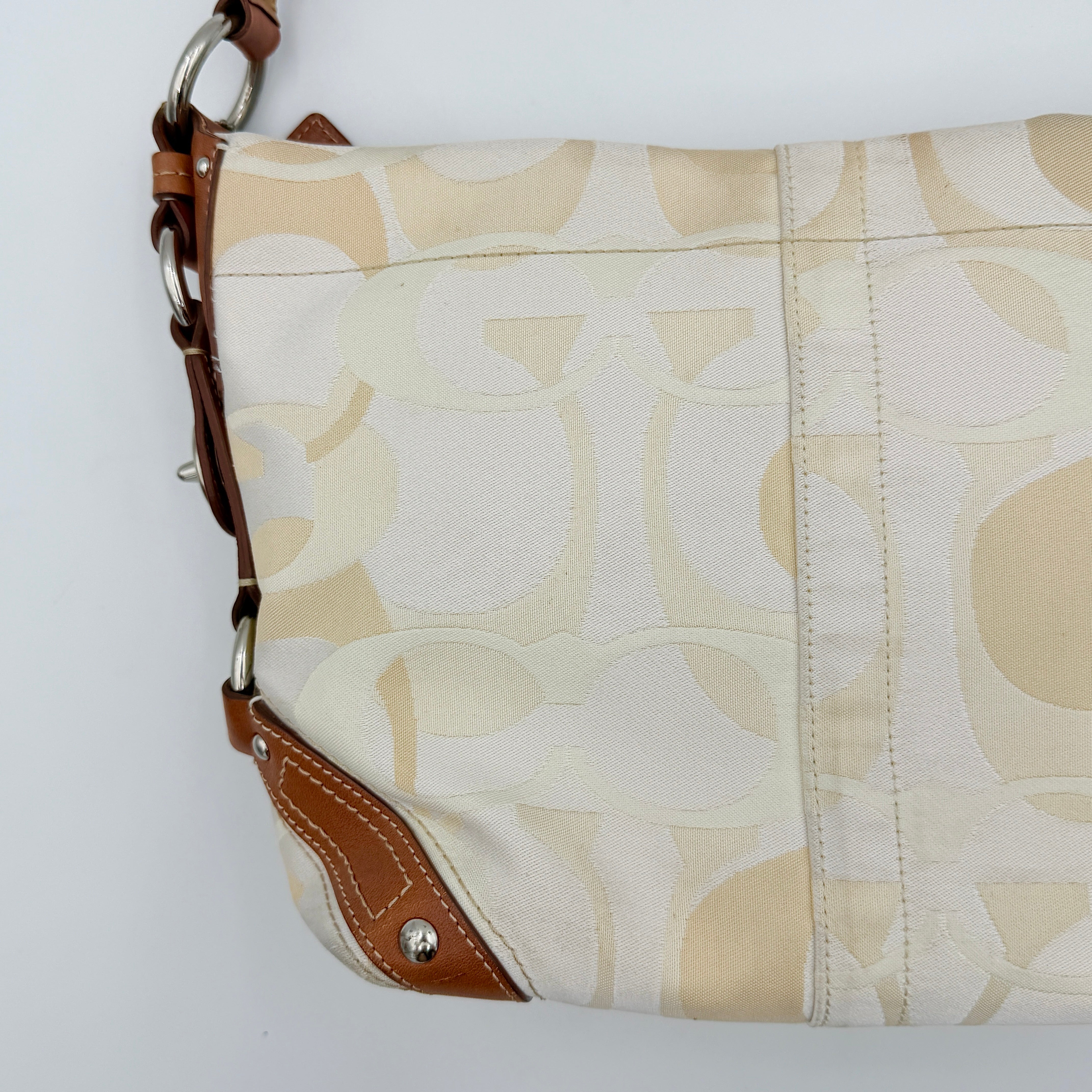 Coach Signature Carly Hobo shoulder bag in cream and brown canvas with tan leather trim and chain-detailed strap.