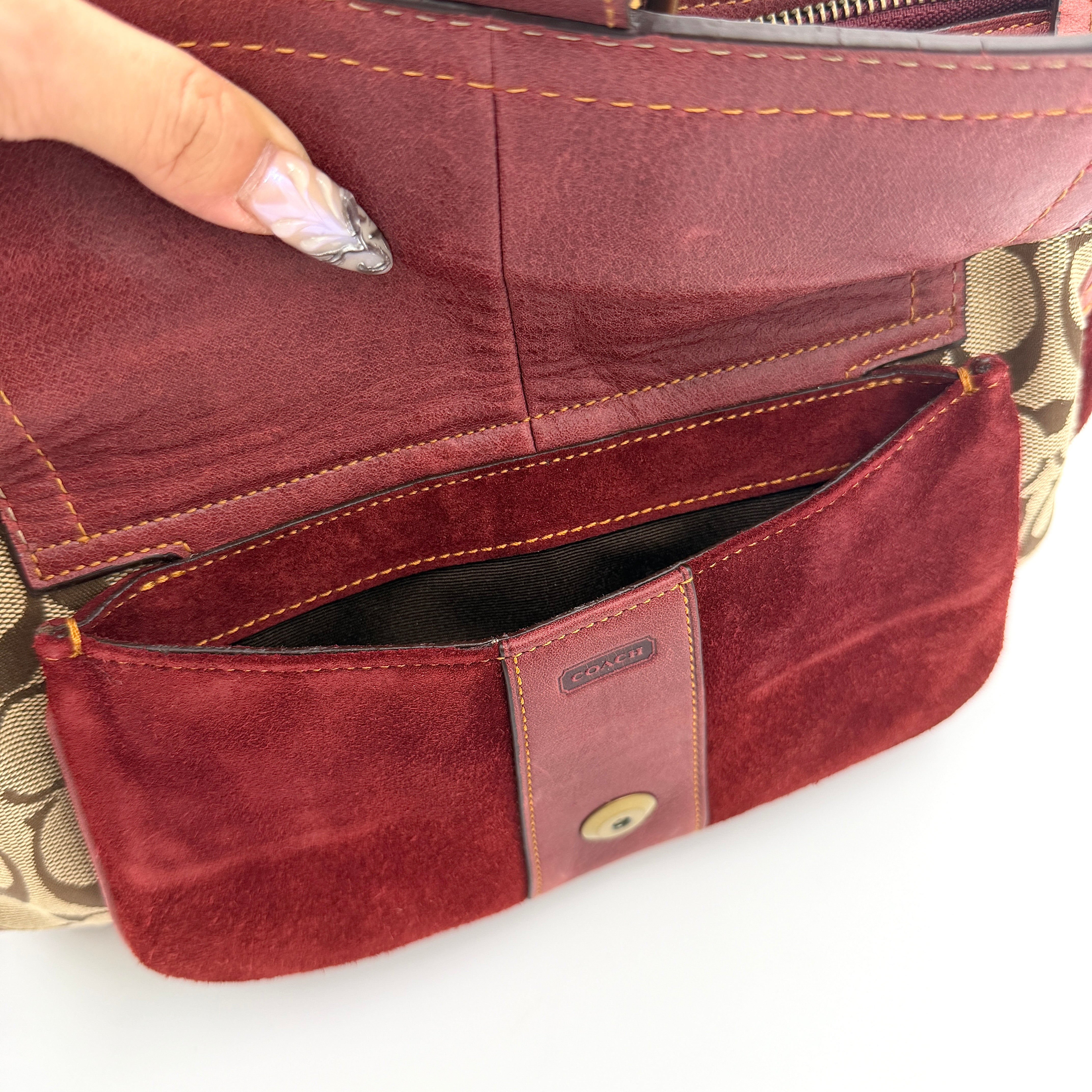 Coach Signature Front Buckle Shoulder Bag Burgundy/Beige