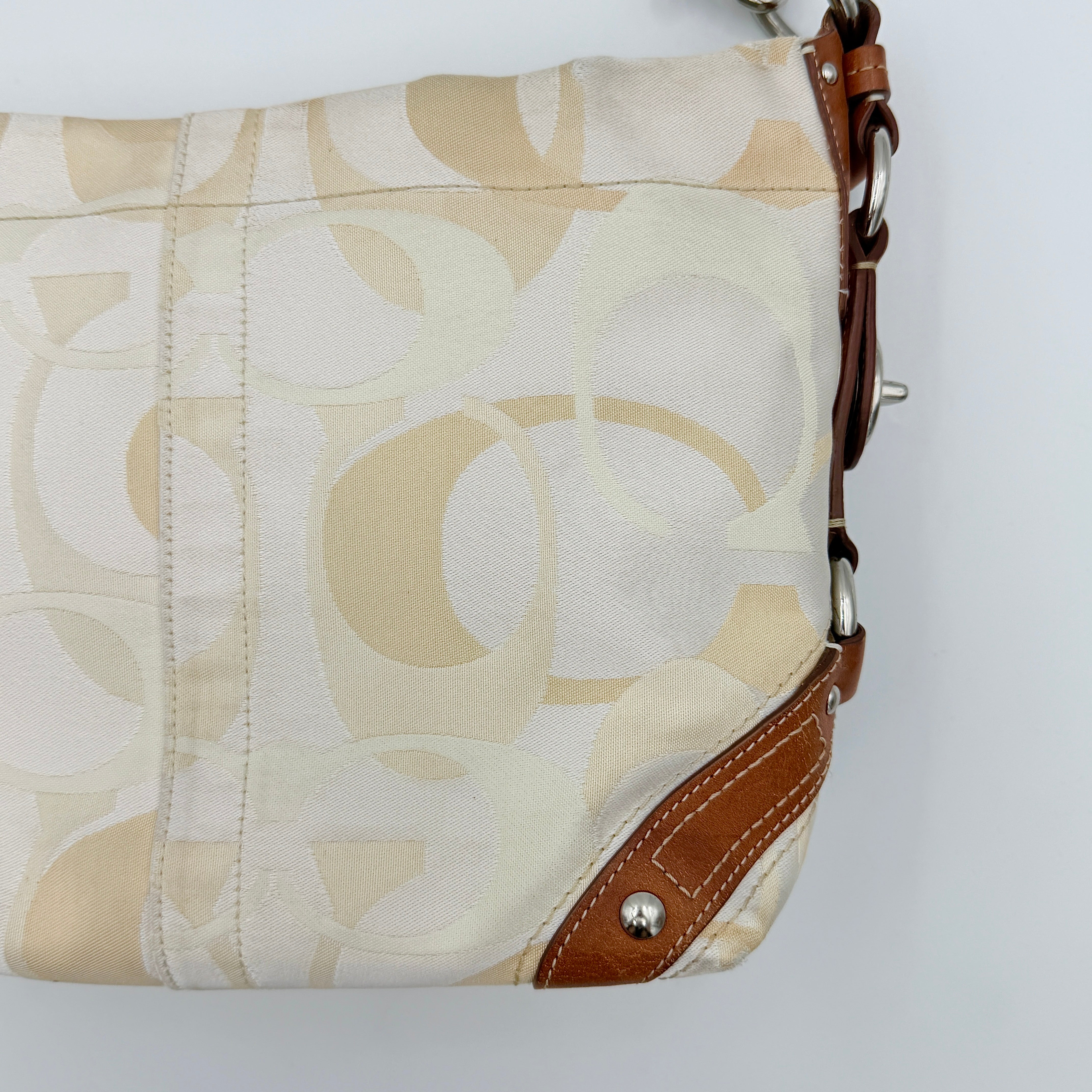 Coach Signature Carly Hobo shoulder bag in cream and brown canvas with tan leather trim and chain-detailed strap.