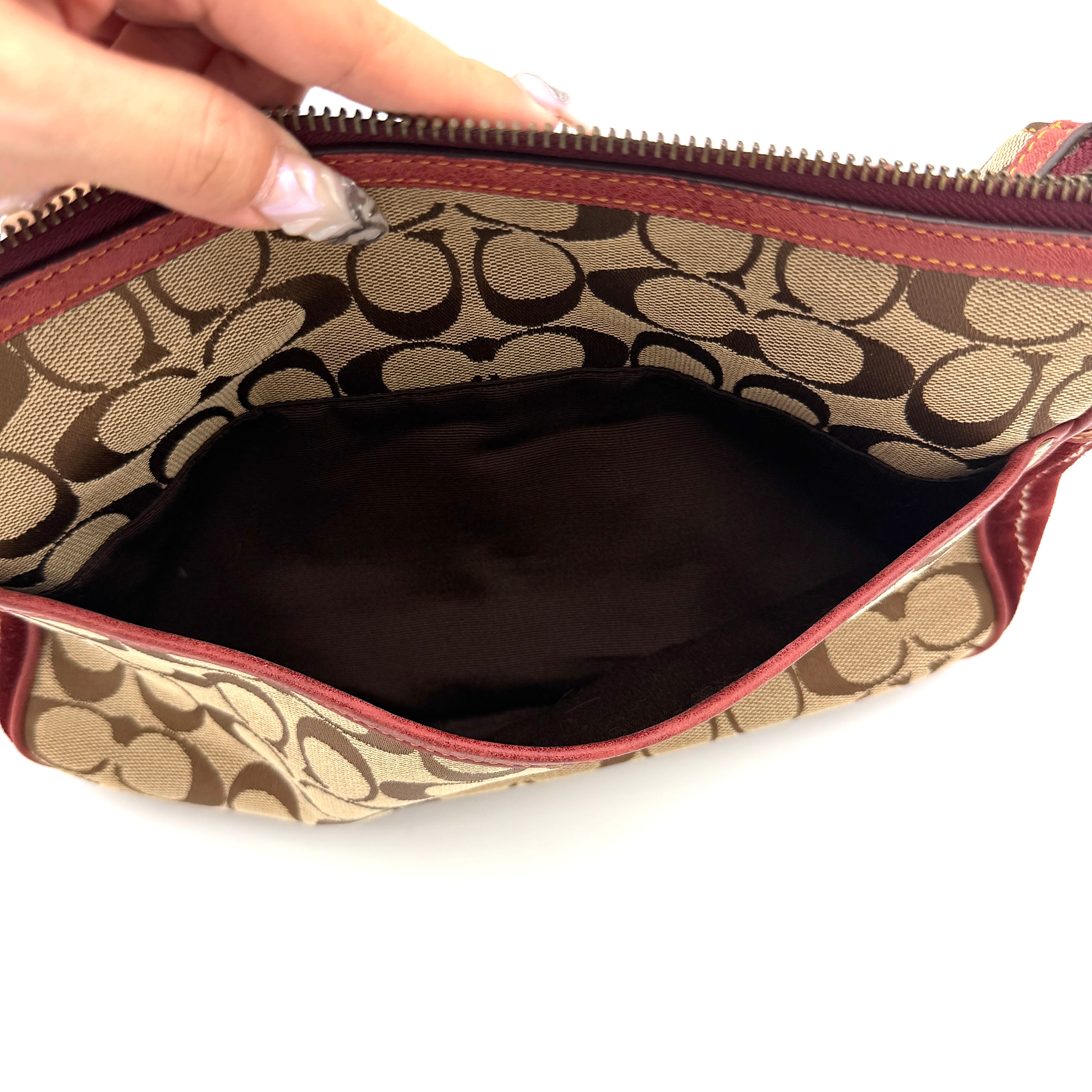 Coach Signature Front Buckle Shoulder Bag Burgundy/Beige