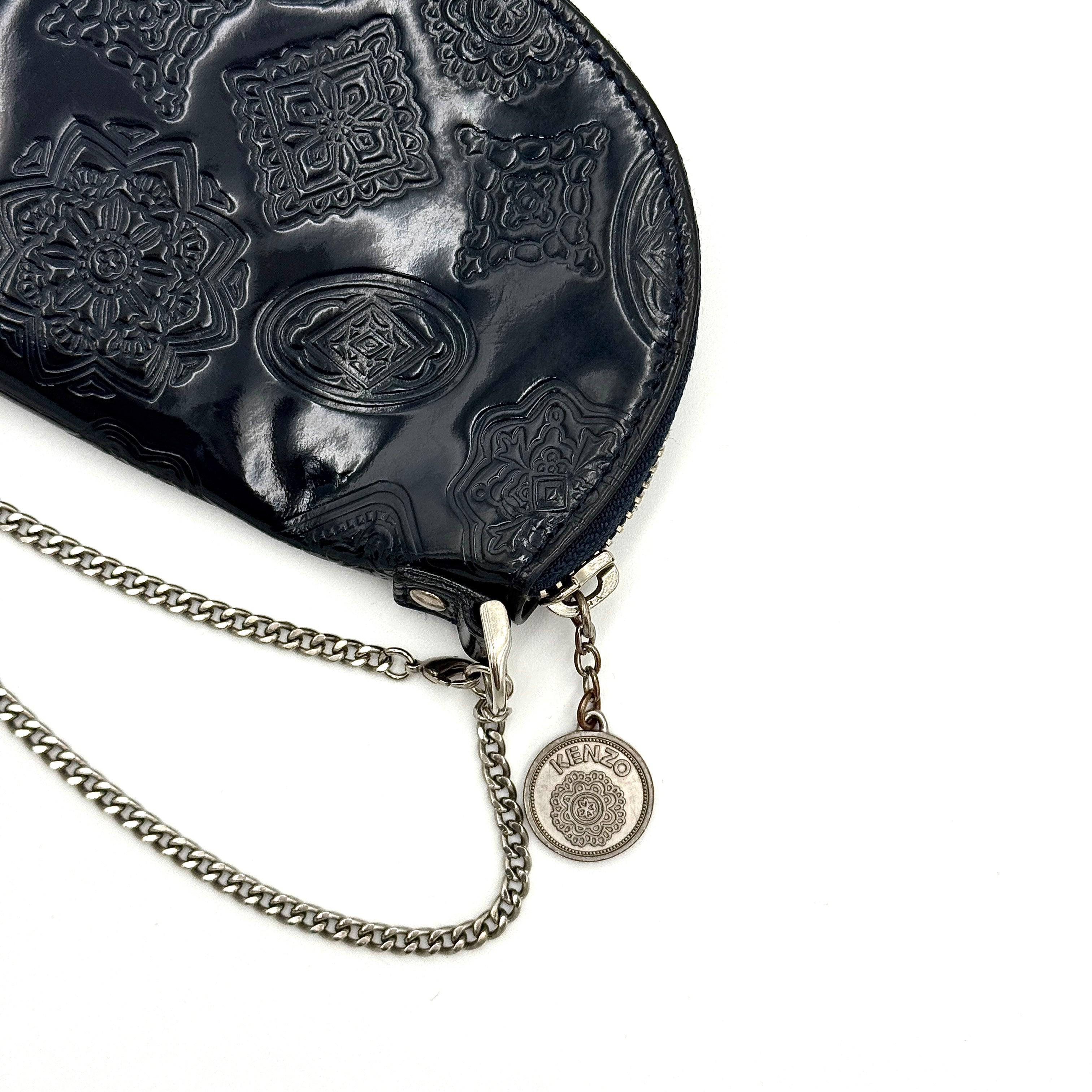 Kenzo Embossed Leather Chain Coin Purse Pouch Black