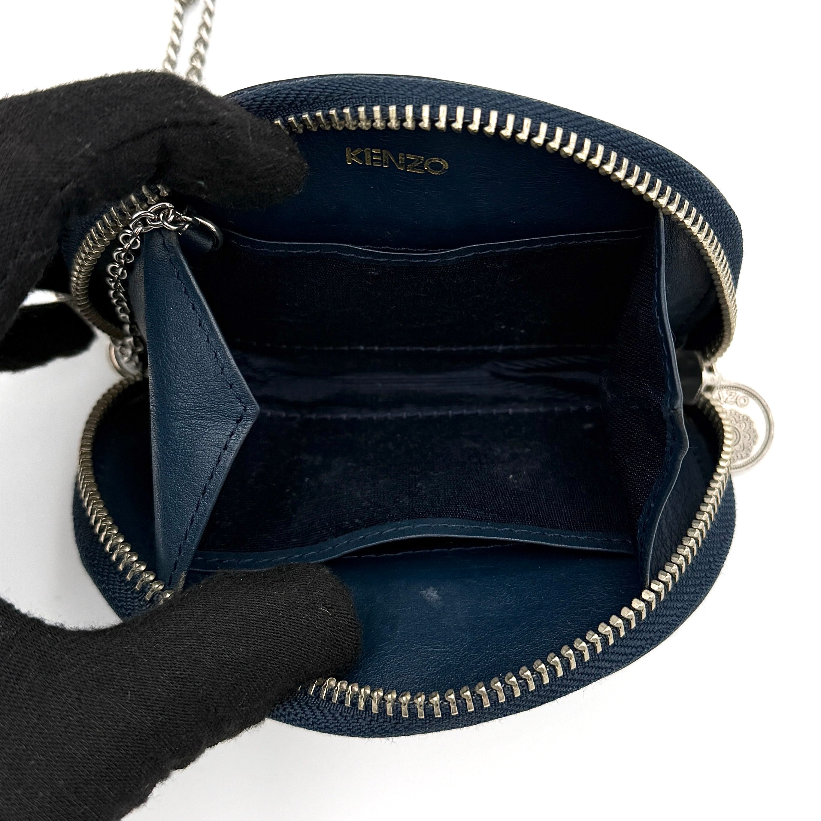 Kenzo Embossed Leather Chain Coin Purse Pouch Black