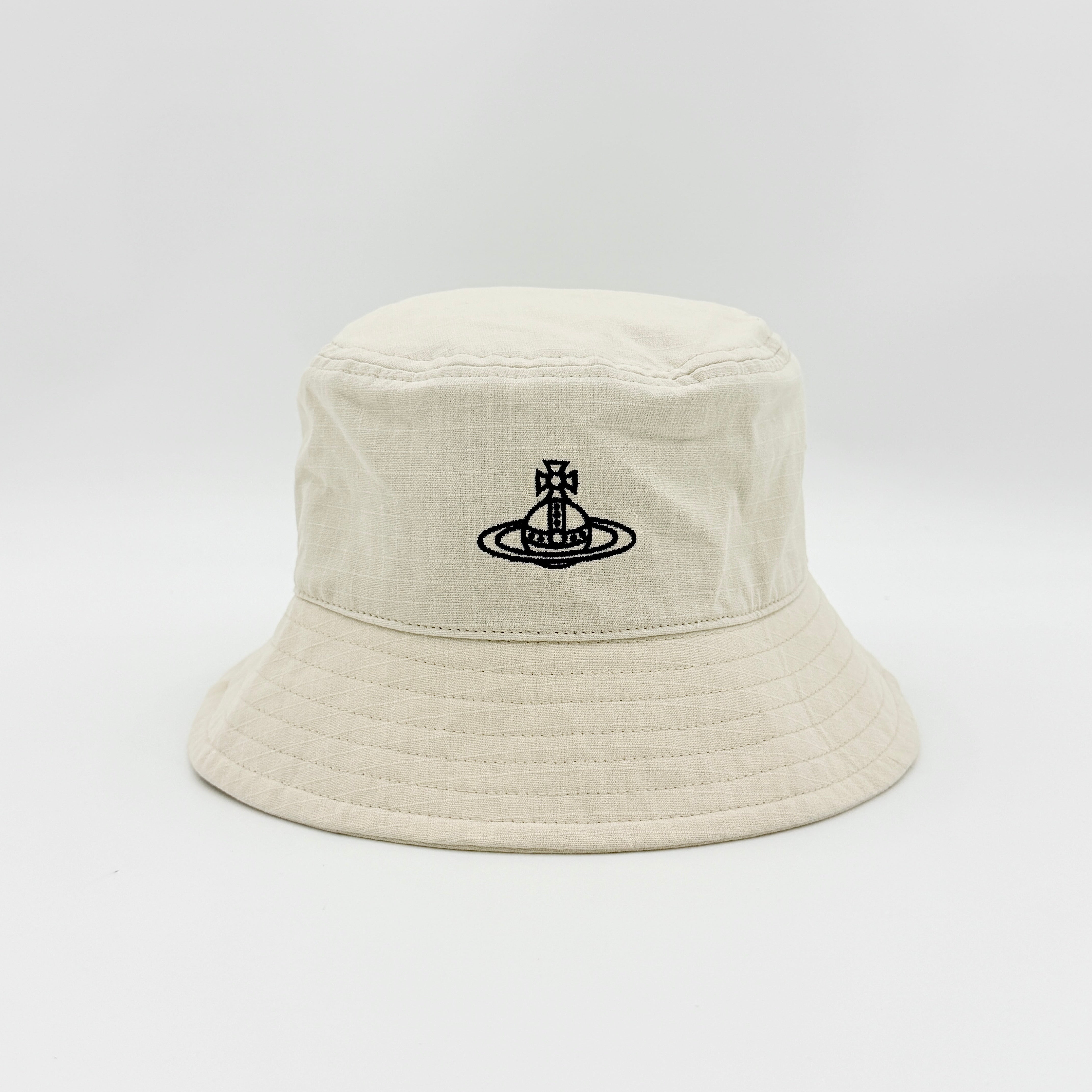 Vivienne Westwood Orb London bucket hat in cream cotton with black embroidery, shown from the front.