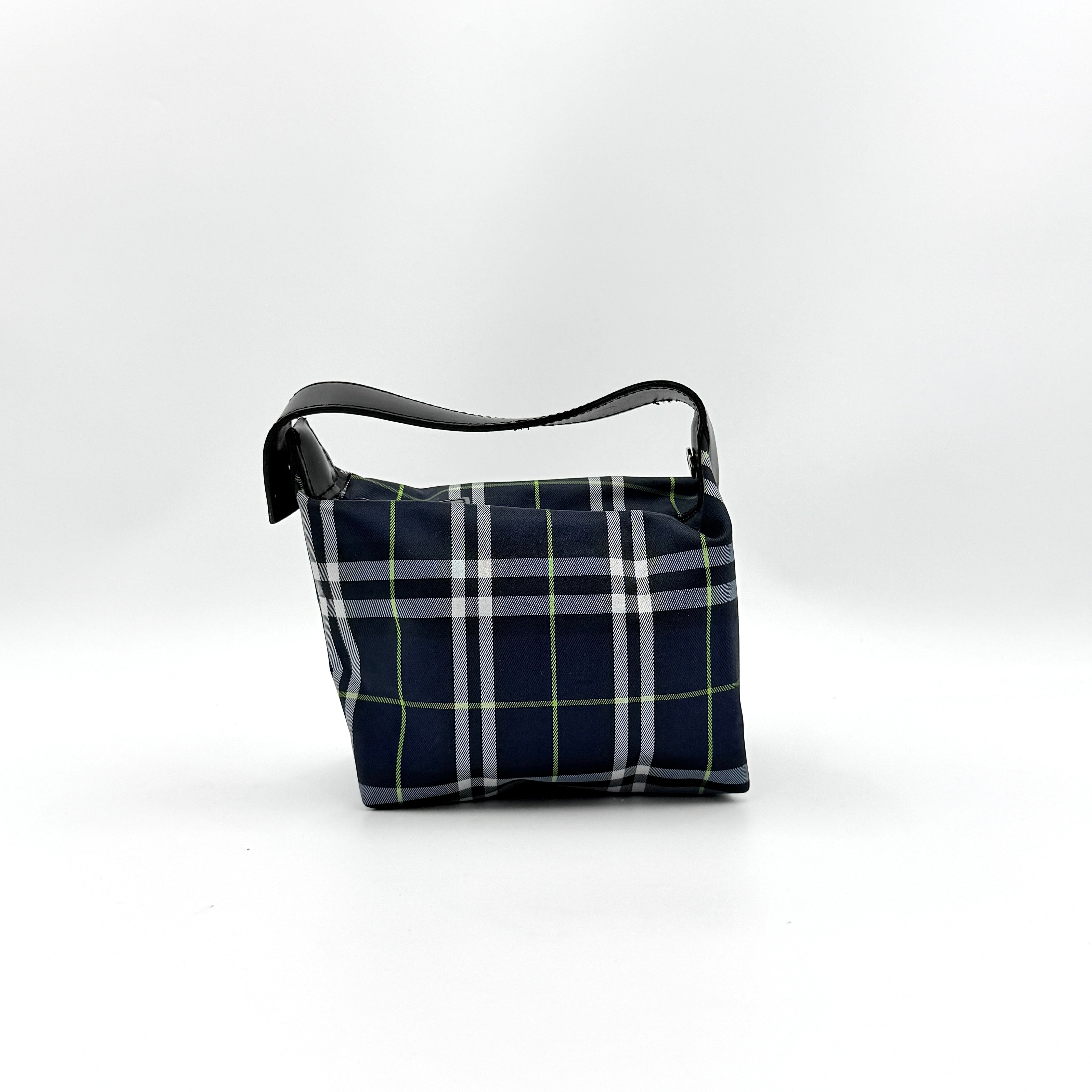 Burberry London mini handbag in navy Nova Check with black leather strap displayed against a clean white background.