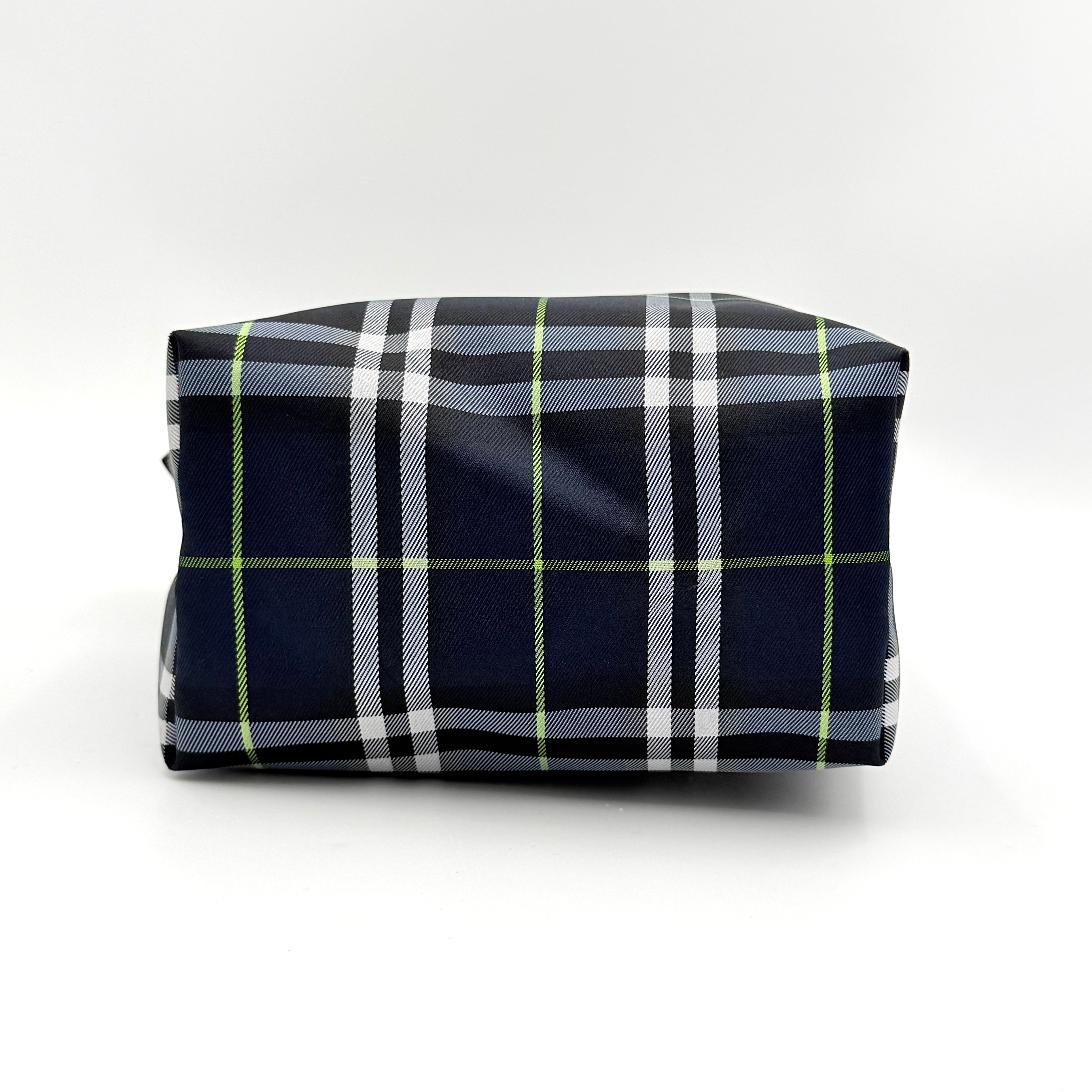 Burberry London mini handbag in navy Nova Check with black leather strap displayed against a clean white background.