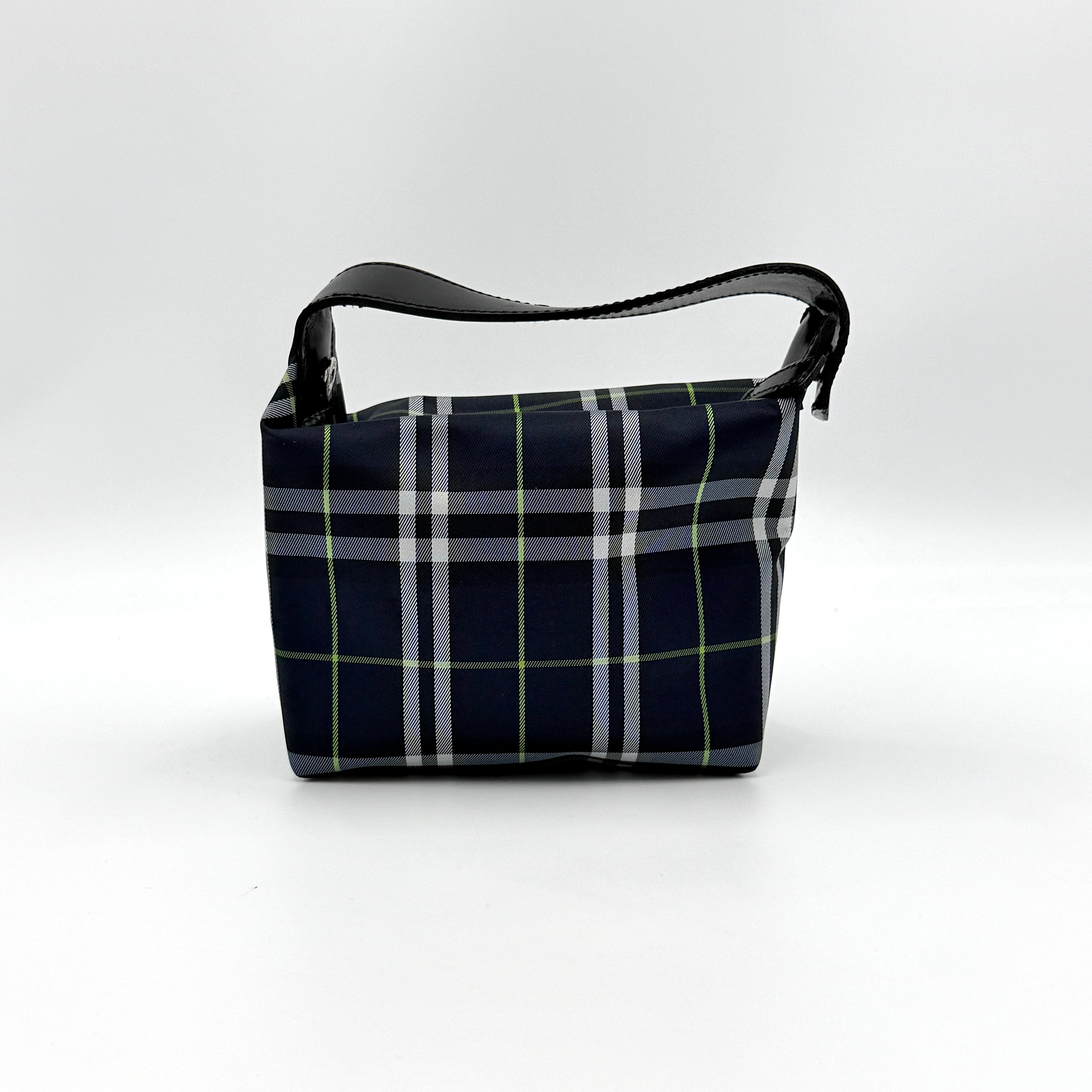 Burberry London mini handbag in navy Nova Check with black leather strap displayed against a clean white background.