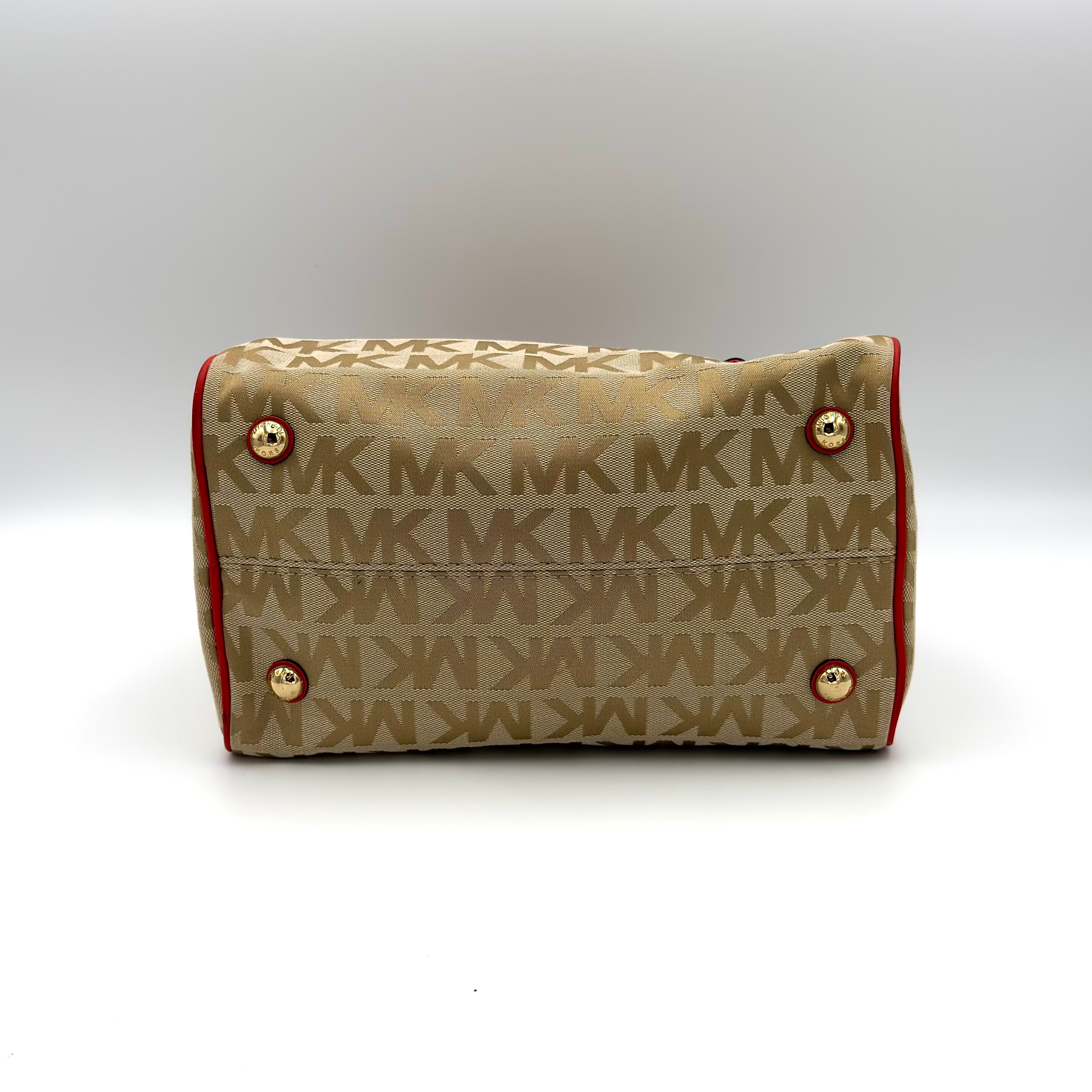 Michael Kors Grayson Monogram Satchel Handbag Beige/Red