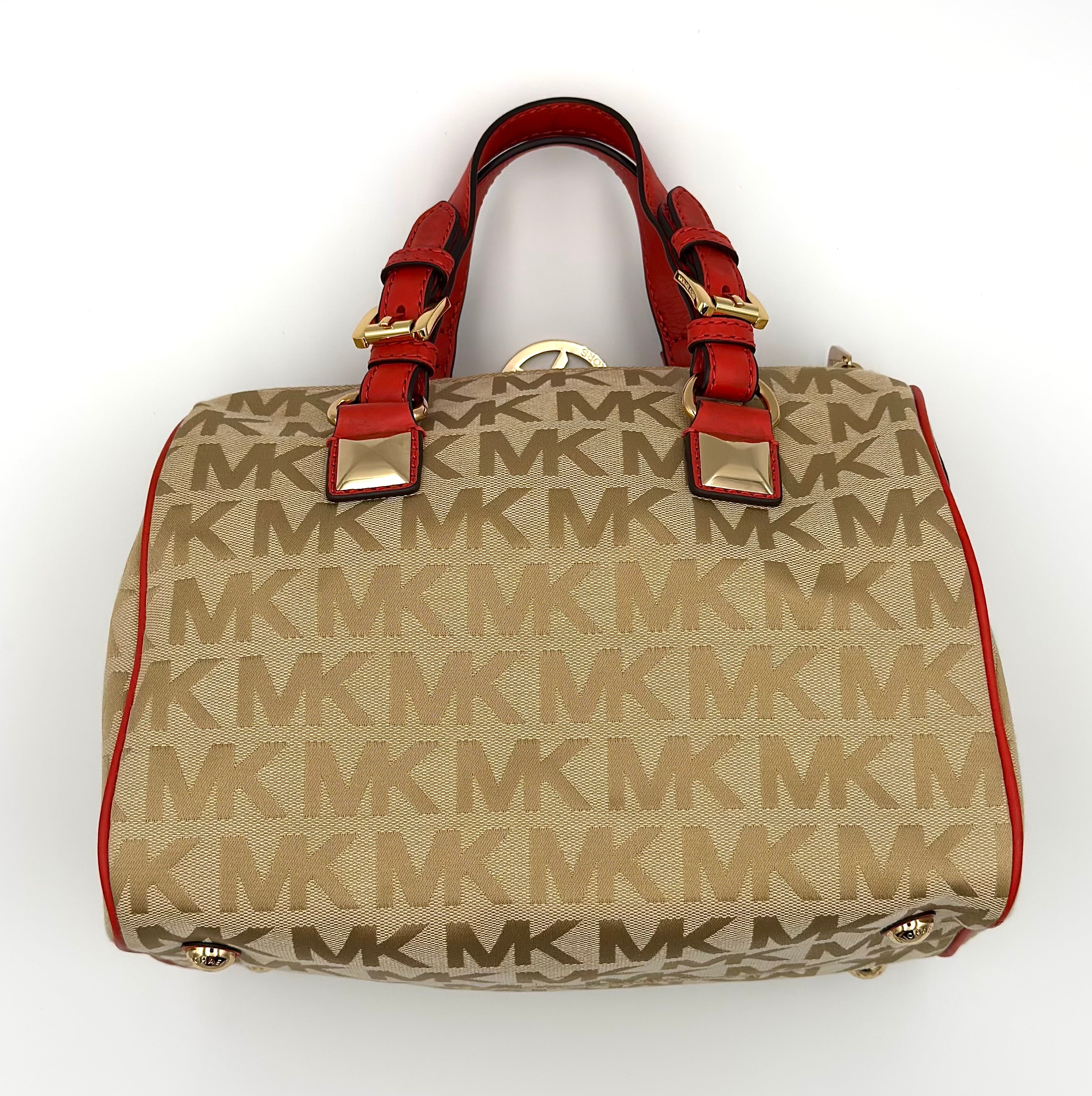Michael Kors Grayson Monogram Satchel Handbag Beige/Red