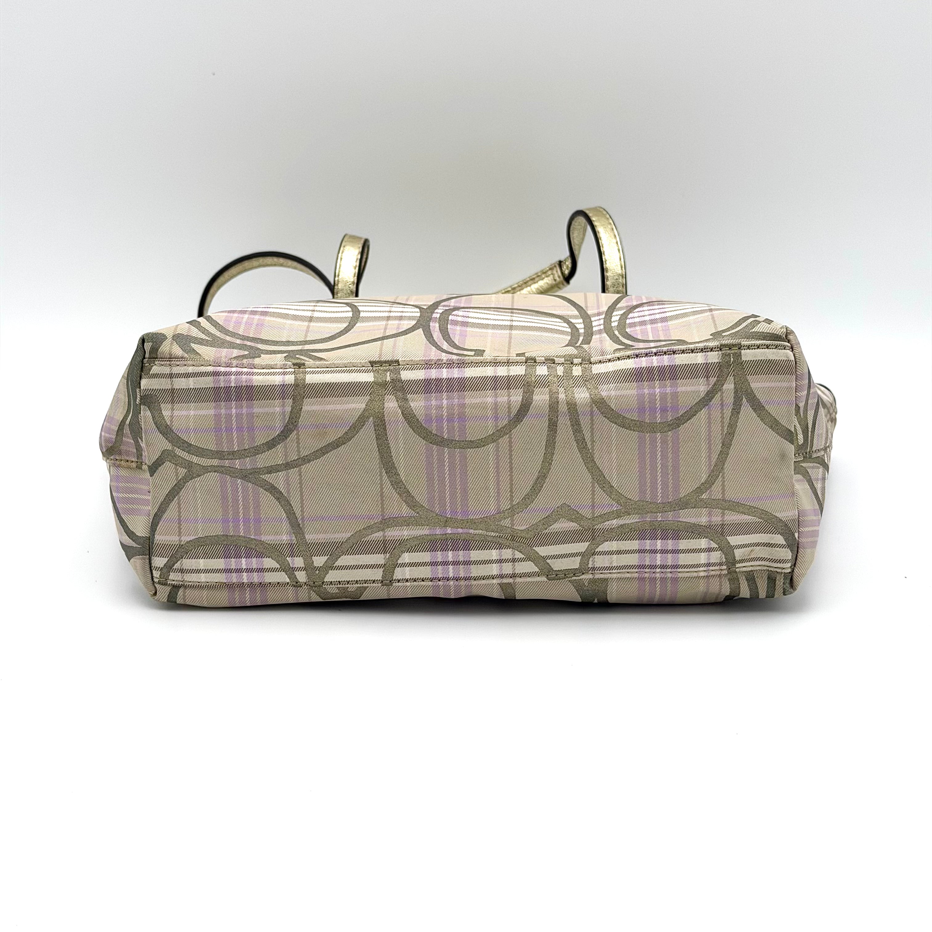 Coach Signature Plaid Tartan Tote Bag Purple/Gold