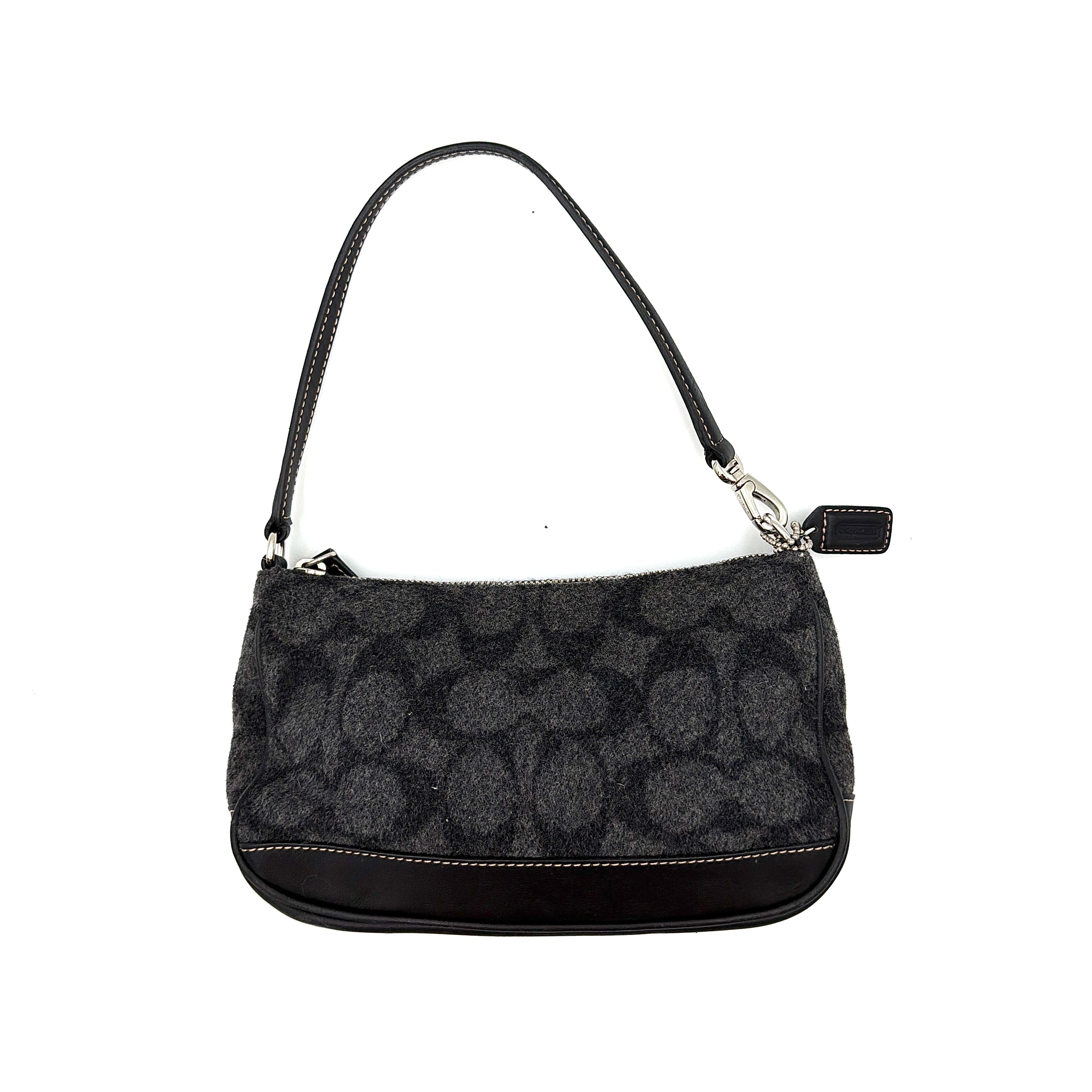 Coach Y2K Wool Demi Shoulder Bag in black and grey with monogram pattern, leather trim, and silver-tone details.
