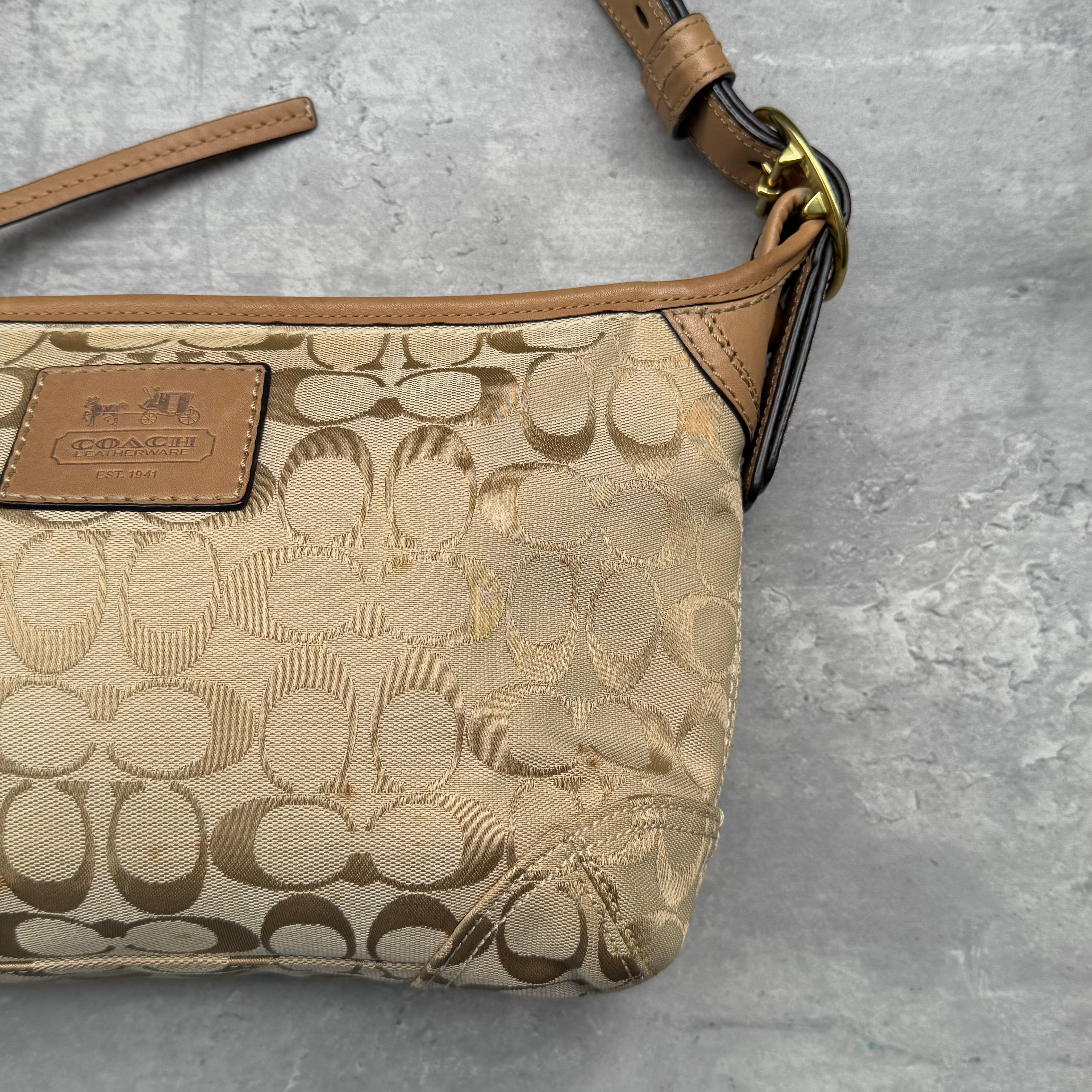 Coach Signature Canvas Hobo Crossbody Shoulder Bag Beige