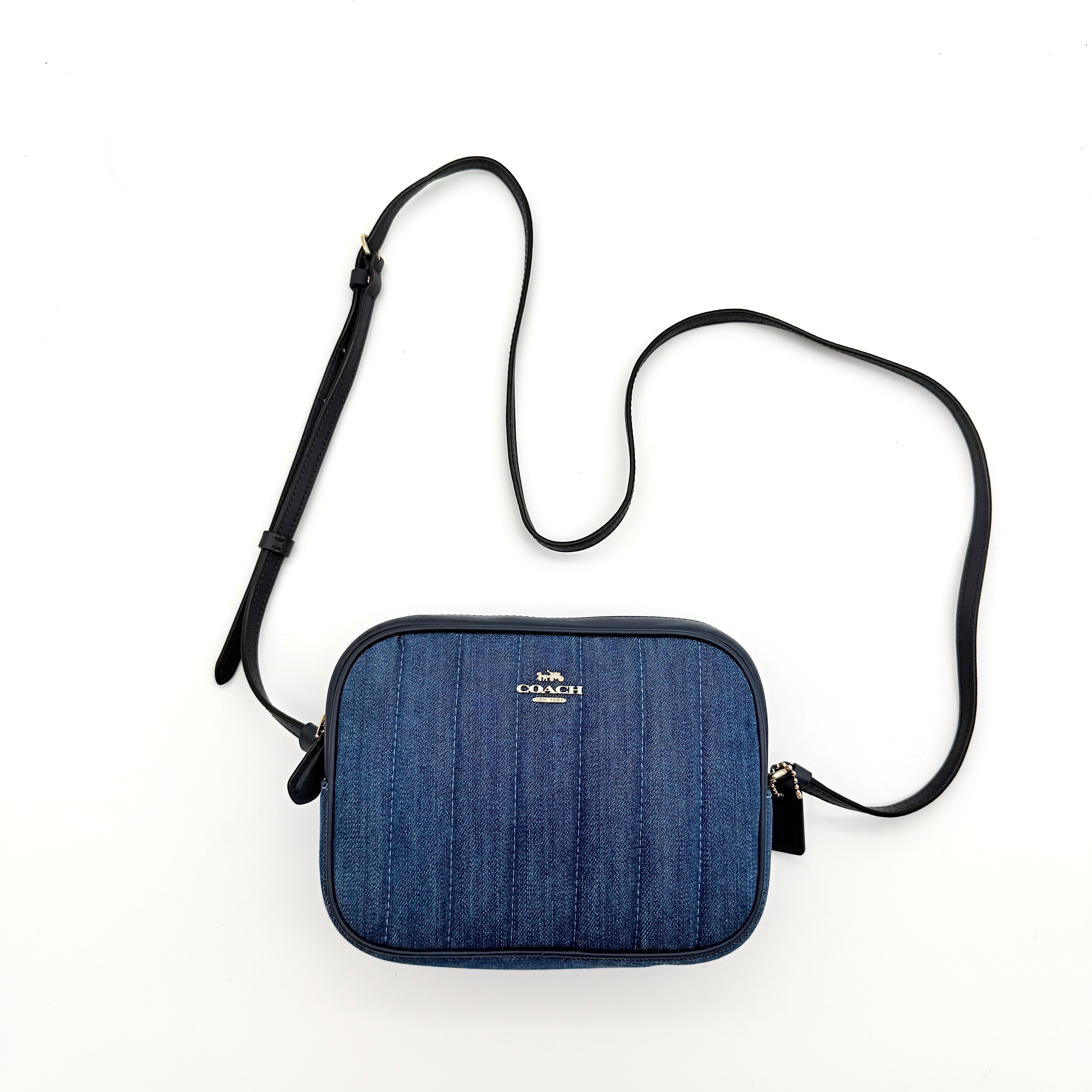 Coach Jamie Quilted Denim Mini Camera Crossbody Bag Blue