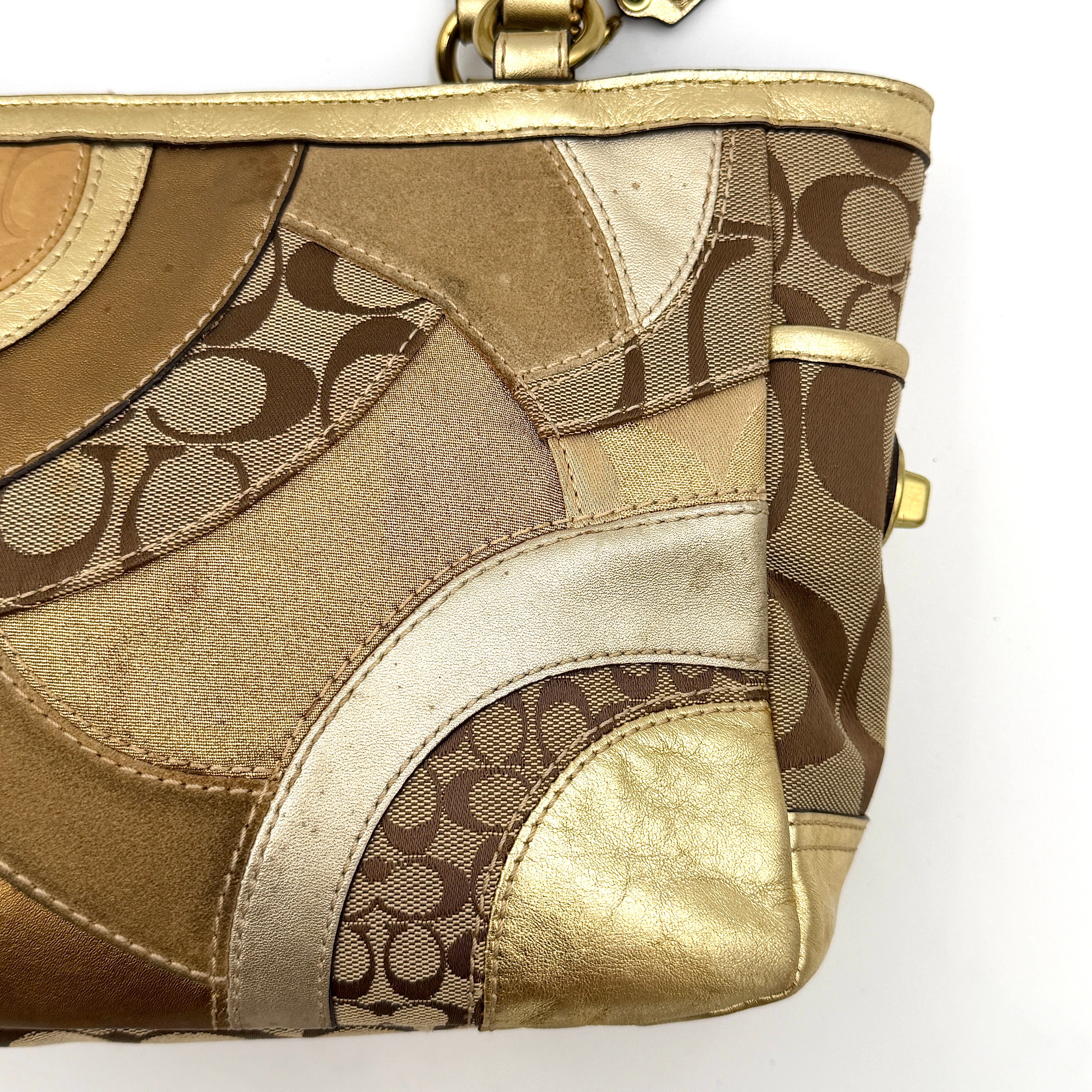 Coach Gallery Tote in a geometric patchwork of gold, beige, and tan with signature monogram and metallic leather against a white background.