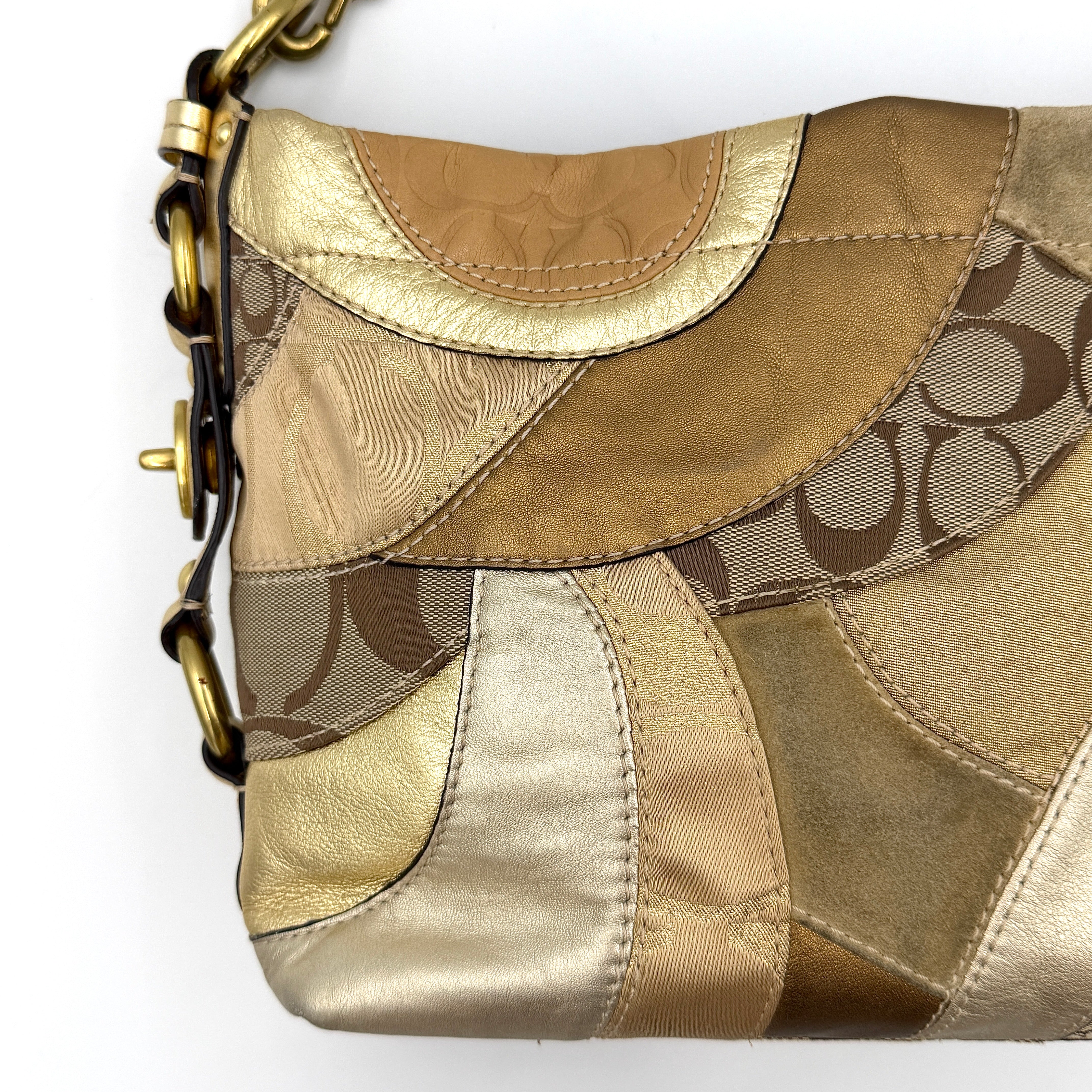 Coach Carly Patchwork Shoulder Bag in a blend of metallic gold, beige, and signature jacquard with gold hardware and a curved chain-link strap.