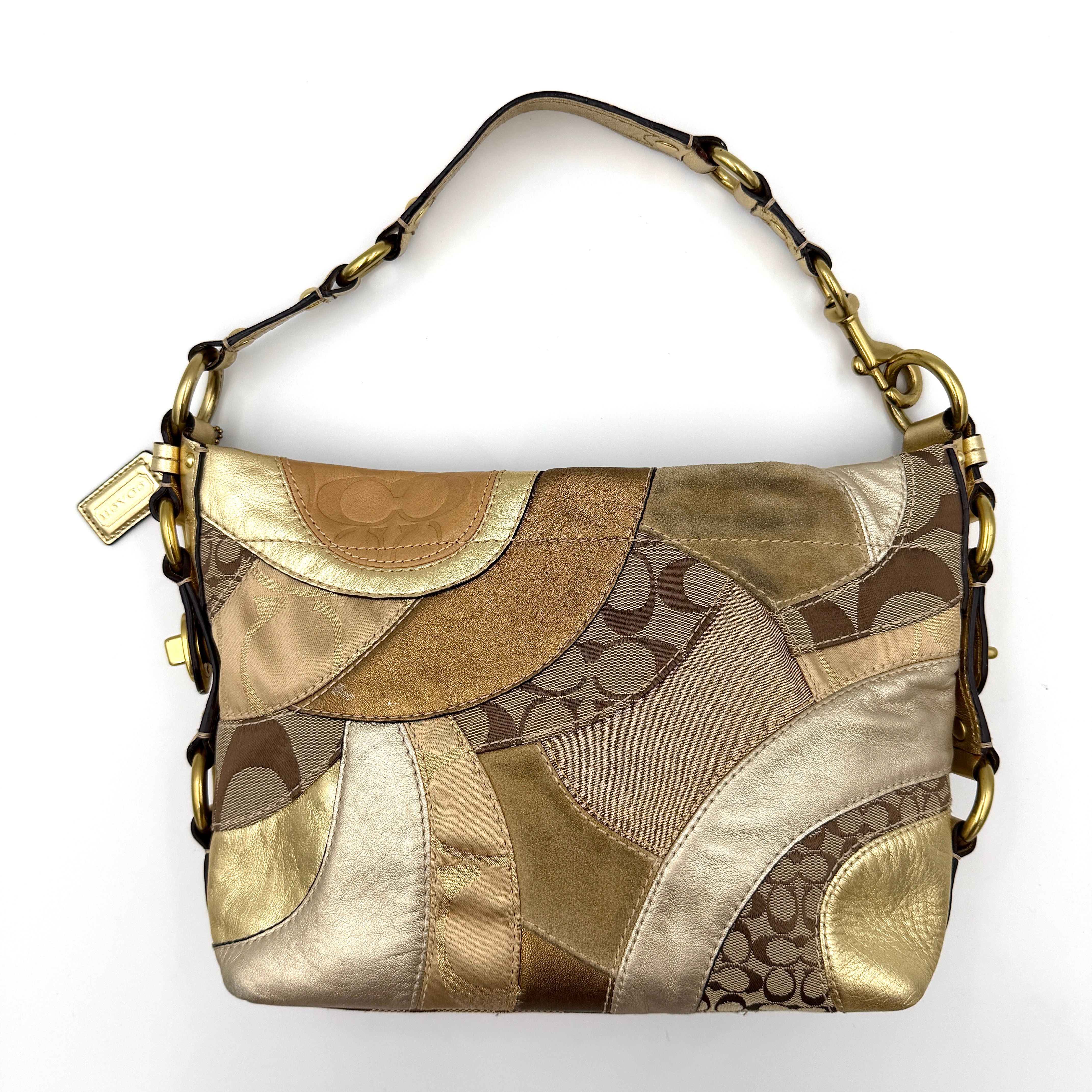 Coach Carly Patchwork Shoulder Bag in a blend of metallic gold, beige, and signature jacquard with gold hardware and a curved chain-link strap.