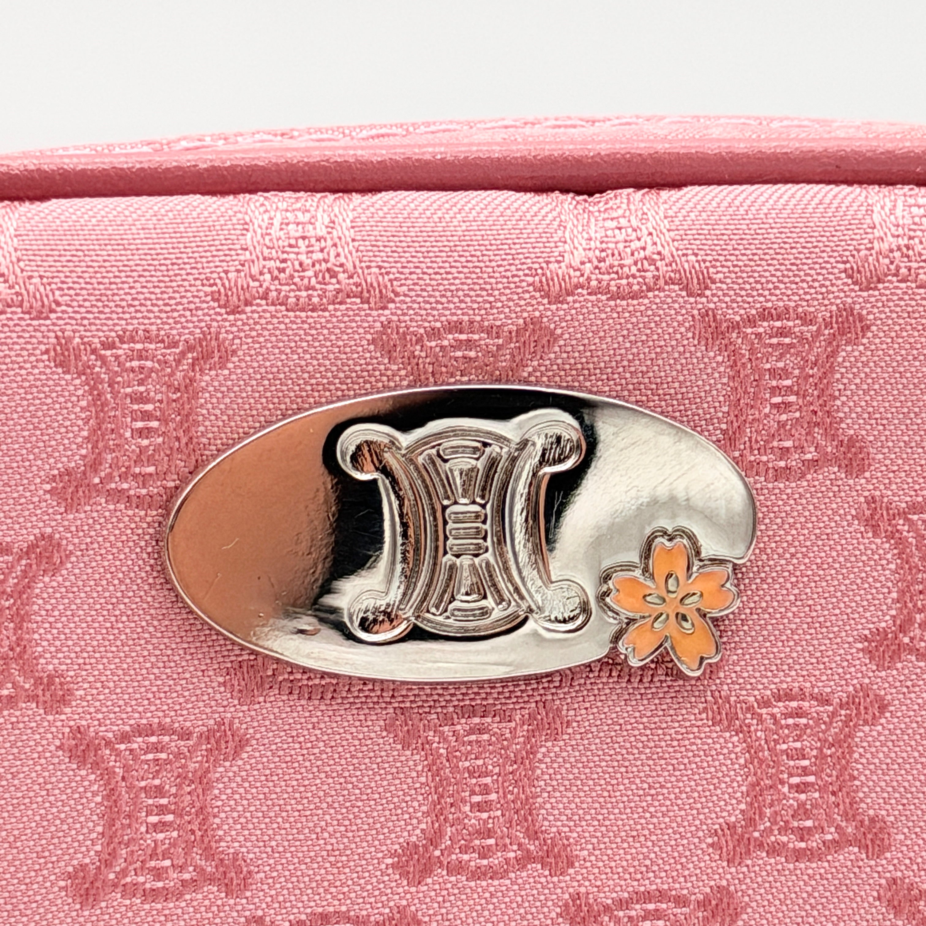 Celine Triomphe Monogram pink pouch set with Macadam Sakura towel, presented in the original Celine box.