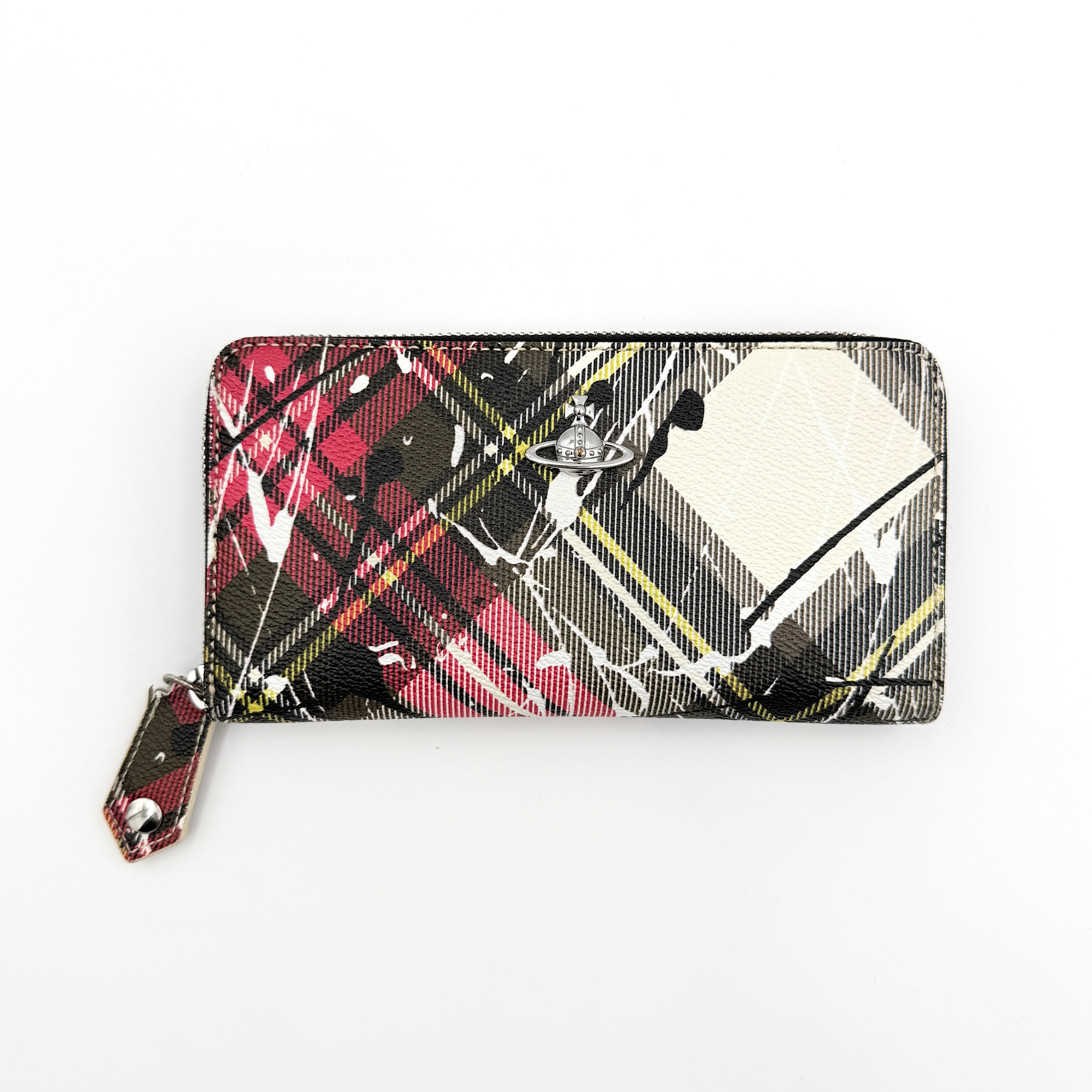 Vivienne Westwood Orb Paint Splash Tartan Wallet in multicolor tartan, featuring signature paint effect and silver Orb hardware.