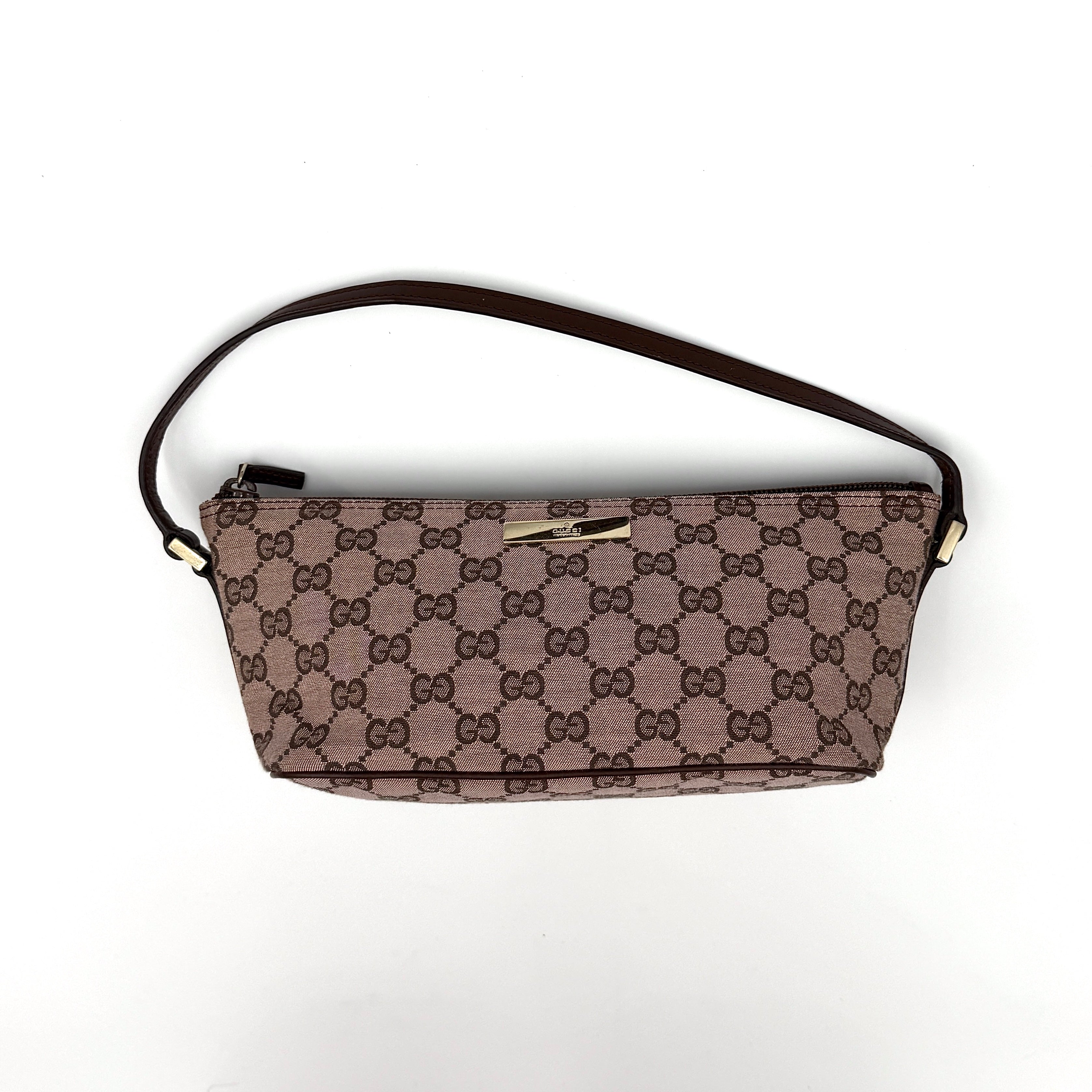 Gucci GG Monogram Pochette Boat Shoulder Bag in light brown canvas with gold-tone hardware and brown leather strap.