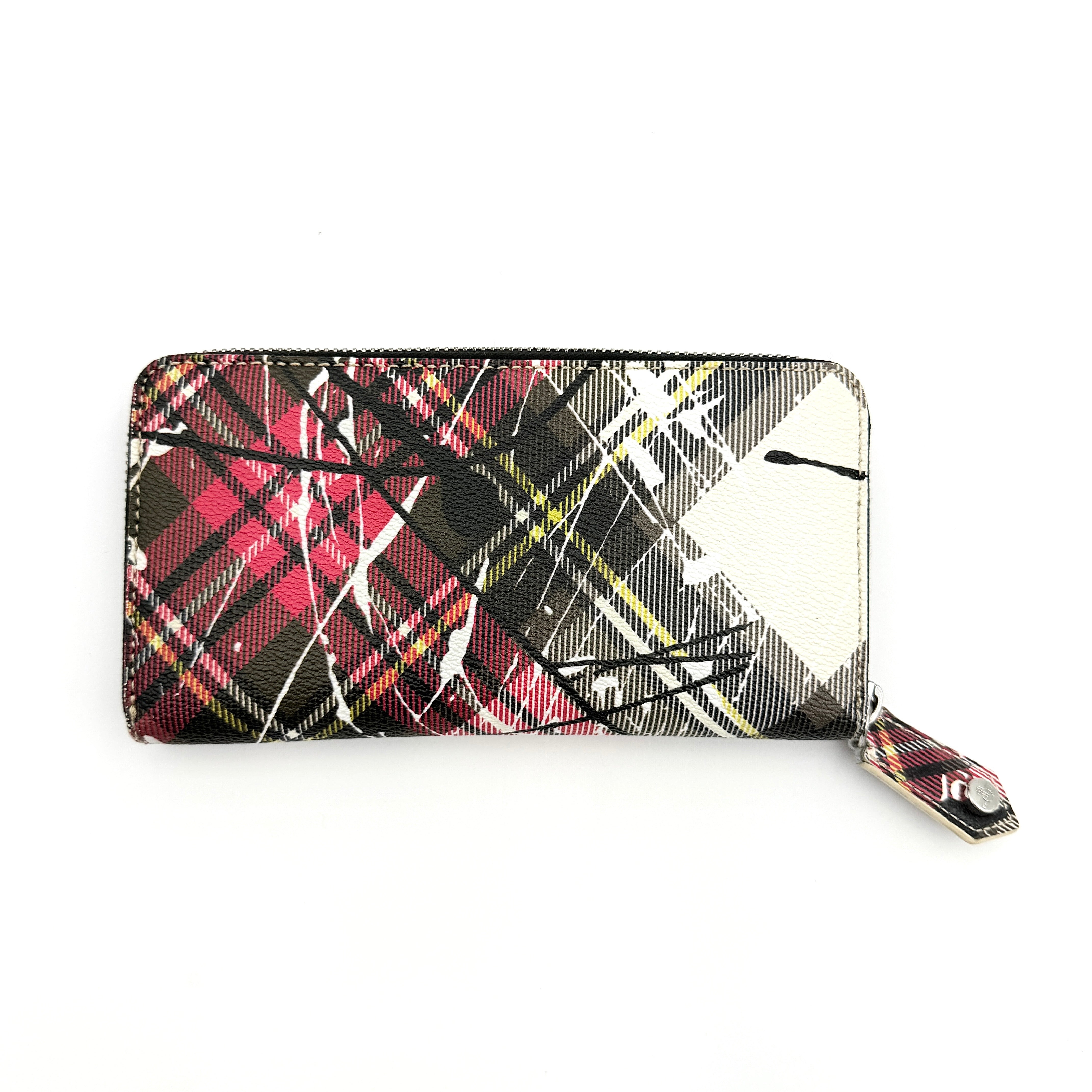 Vivienne Westwood Orb Paint Splash Tartan Wallet in multicolor tartan, featuring signature paint effect and silver Orb hardware.