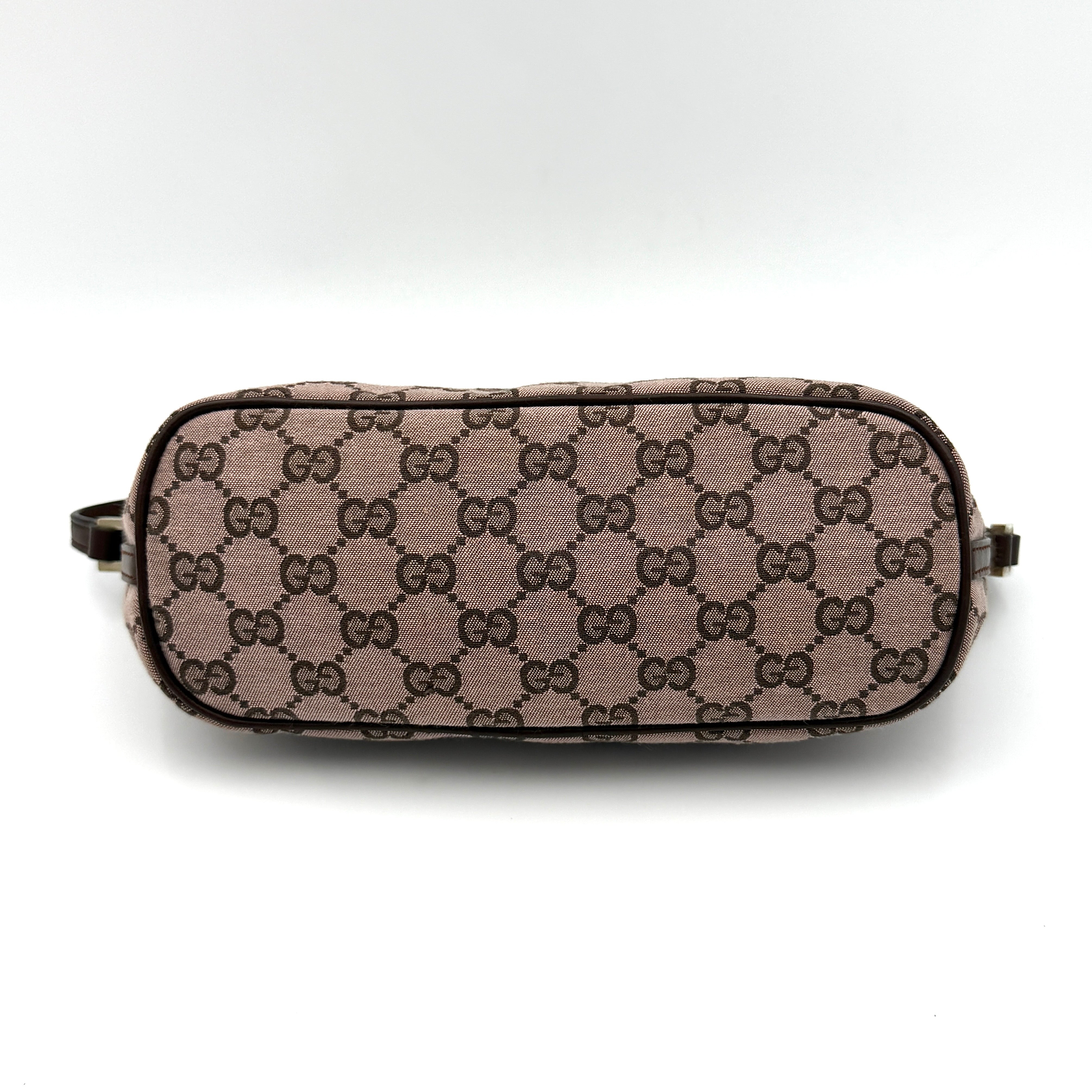 Gucci GG Monogram Pochette Boat Shoulder Bag in light brown canvas with gold-tone hardware and brown leather strap.