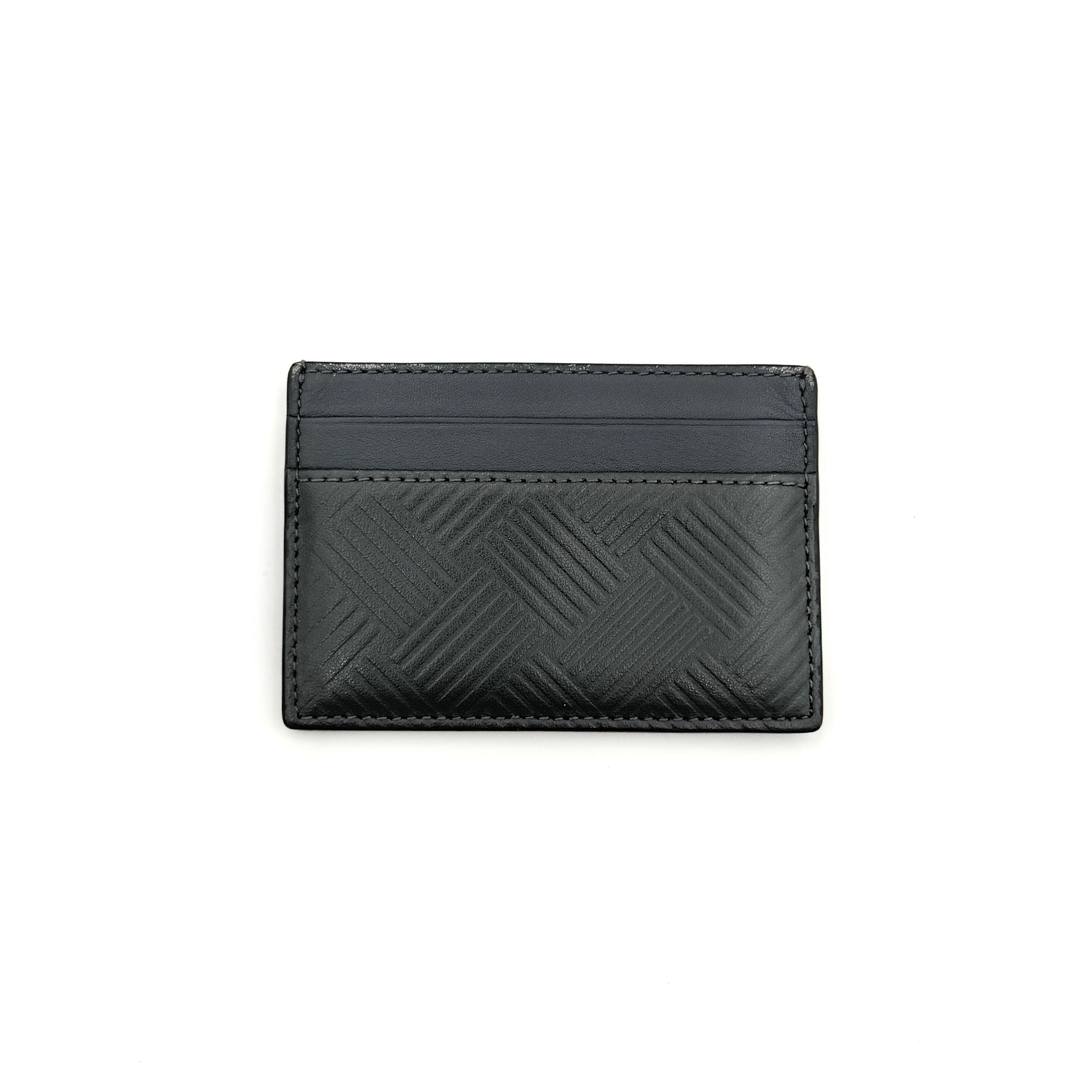 Bottega Veneta grey leather card holder with embossed geometric weave detail, photographed against a white background.