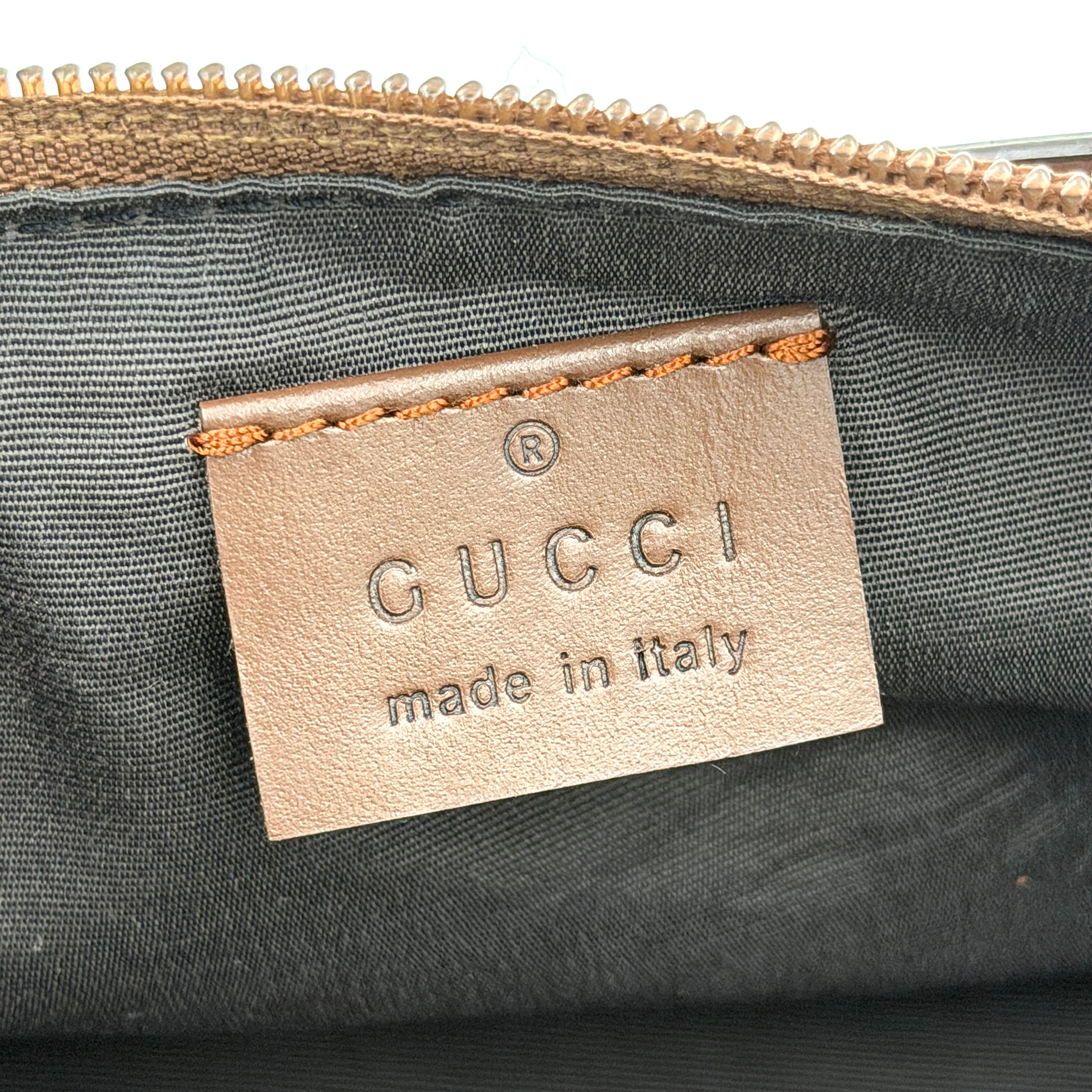Gucci GG Monogram Pochette Boat Shoulder Bag in light brown canvas with gold-tone hardware and brown leather strap.