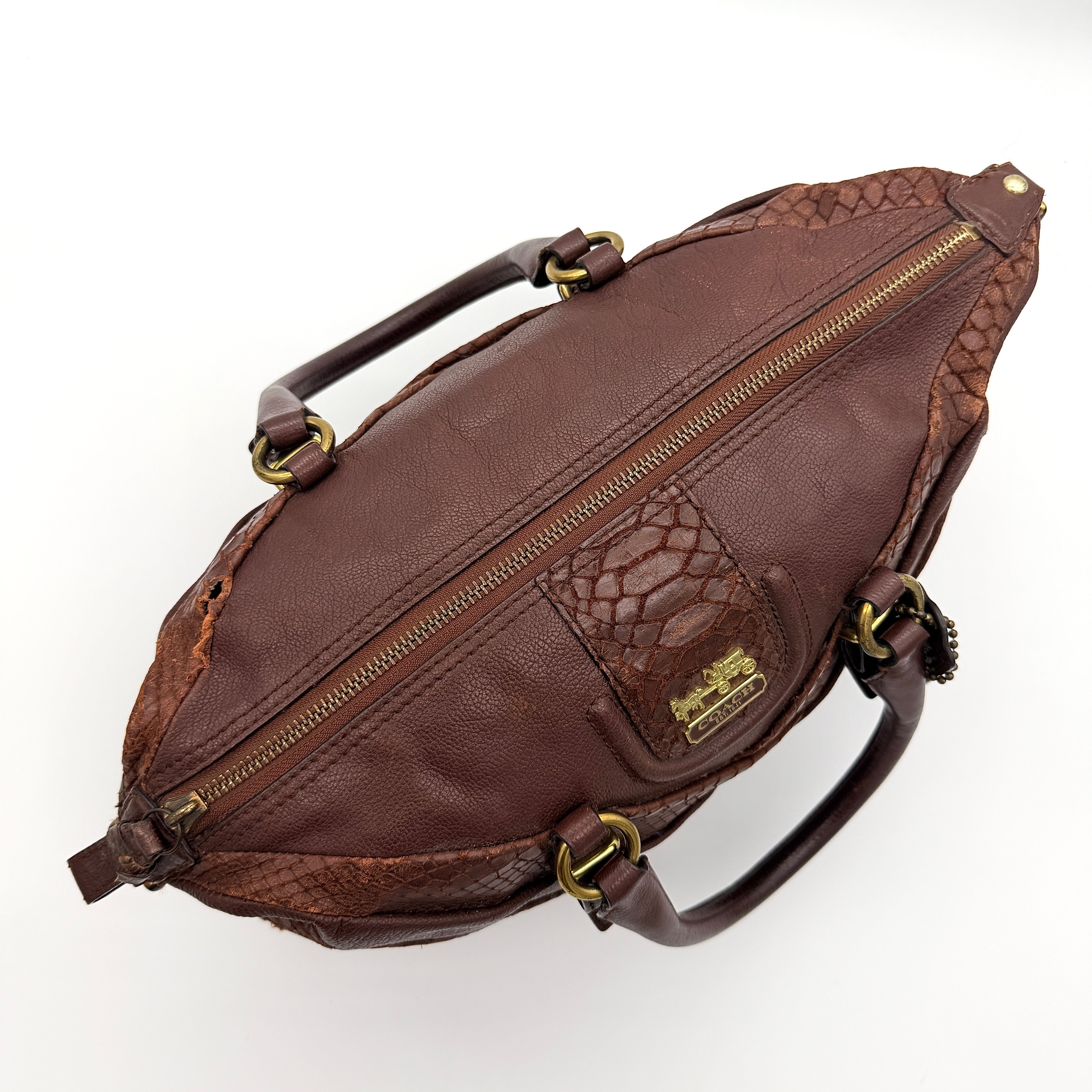 Coach Madison Lindsey 2Way handbag in brown python-embossed leather with gold-tone hardware and detachable strap.