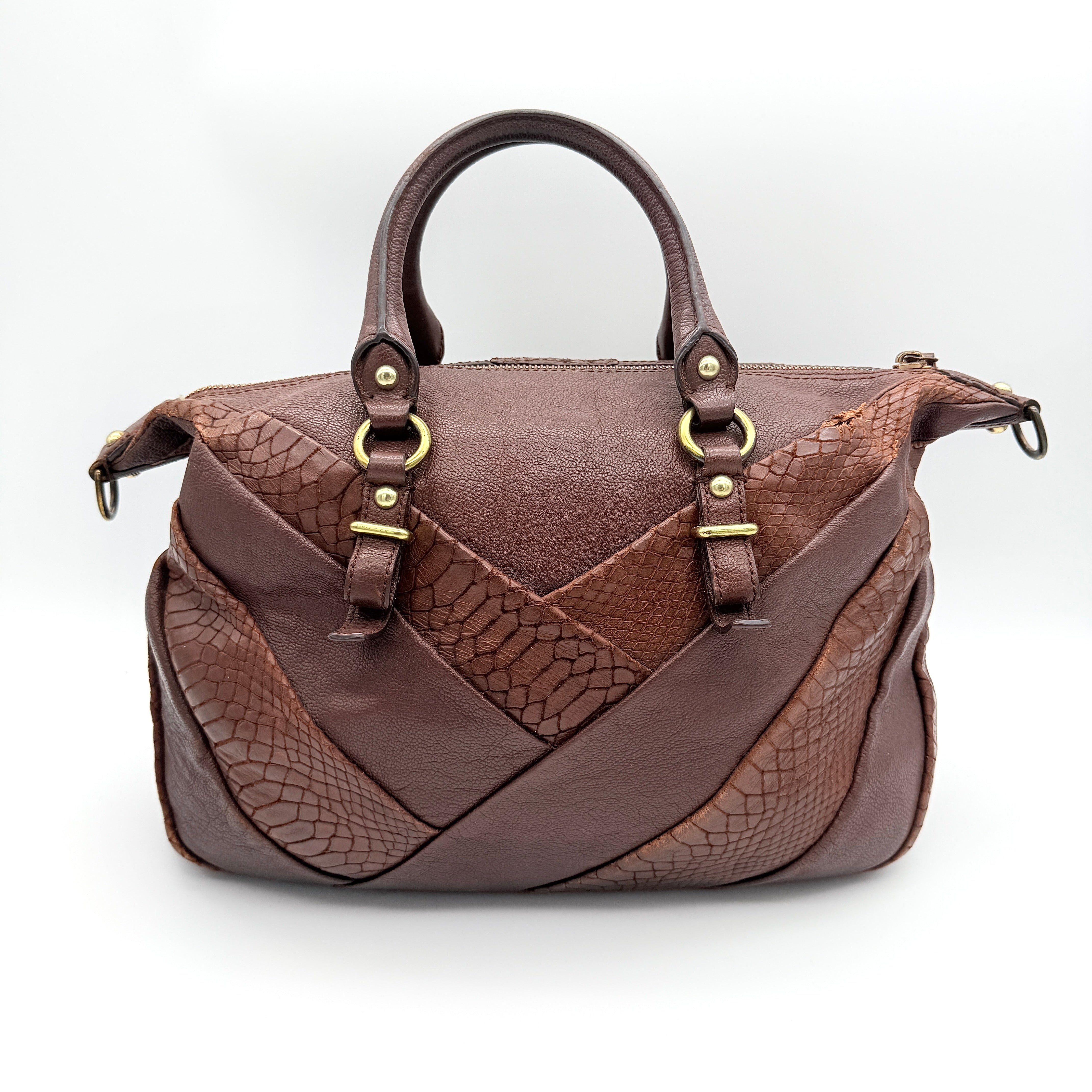 Coach Madison Lindsey 2Way handbag in brown python-embossed leather with gold-tone hardware and detachable strap.