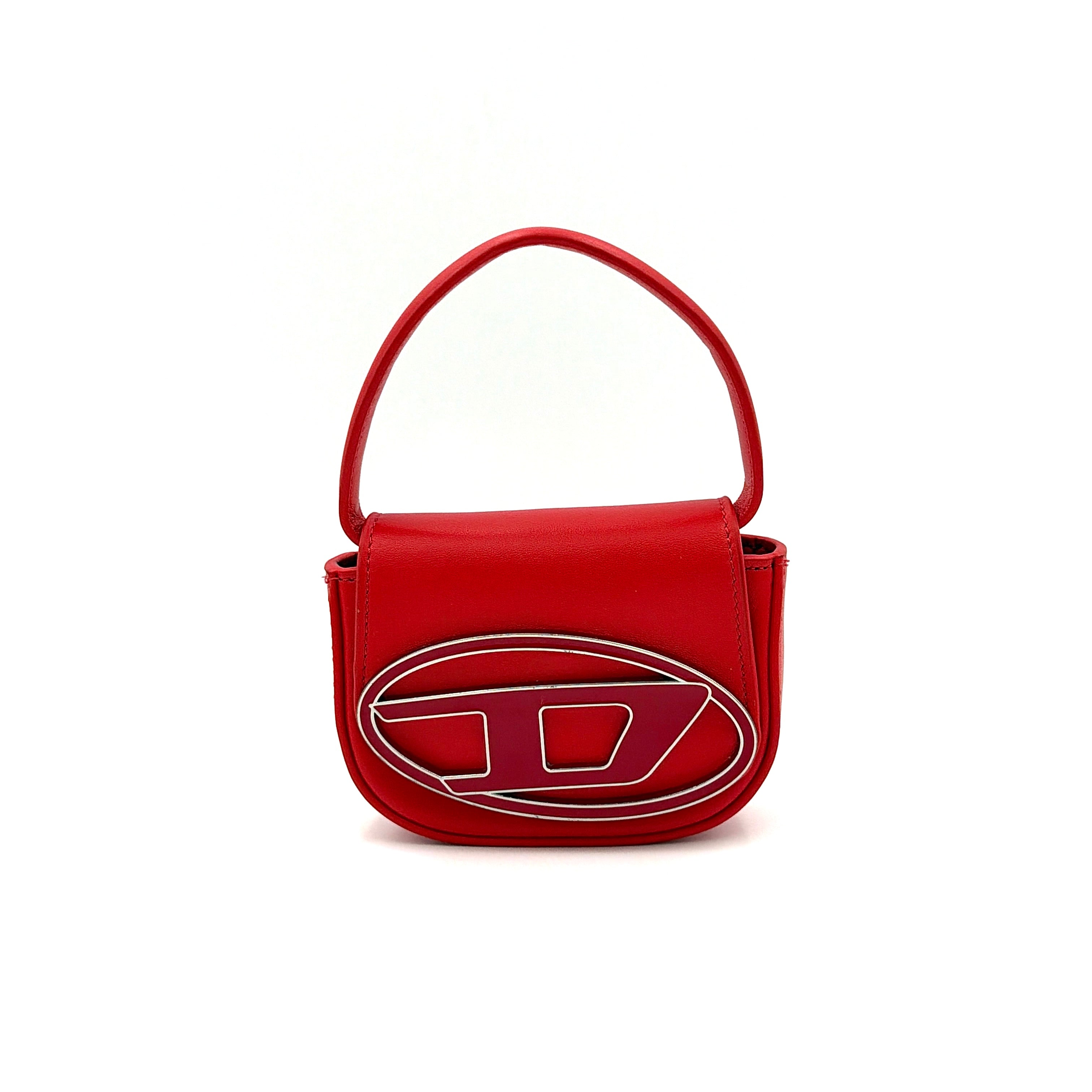 Diesel 2Way 1DR-XS Mini Bag in striking red leather with bold silver D logo, paired with a detachable matching strap.