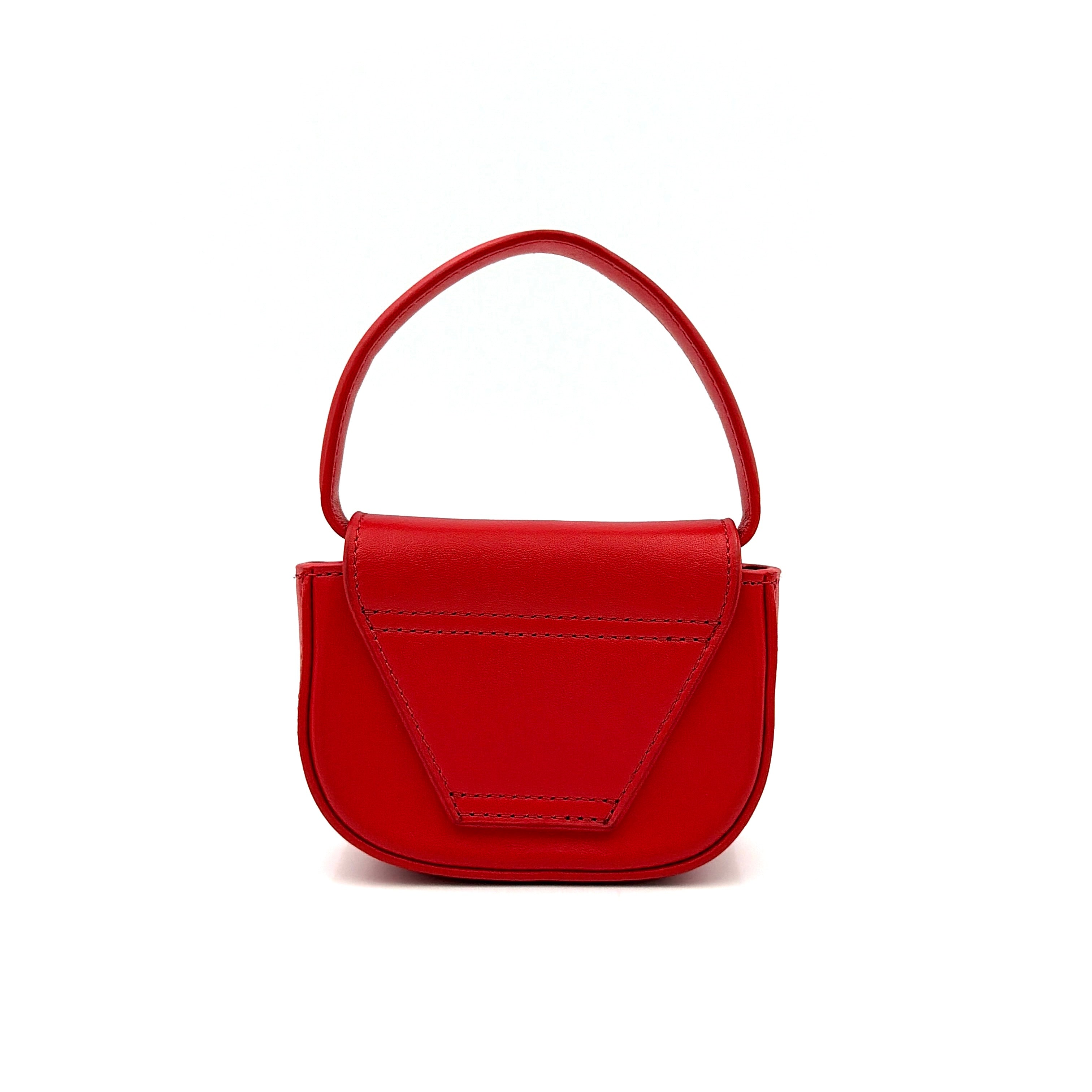 Diesel 2Way 1DR-XS Mini Bag in striking red leather with bold silver D logo, paired with a detachable matching strap.