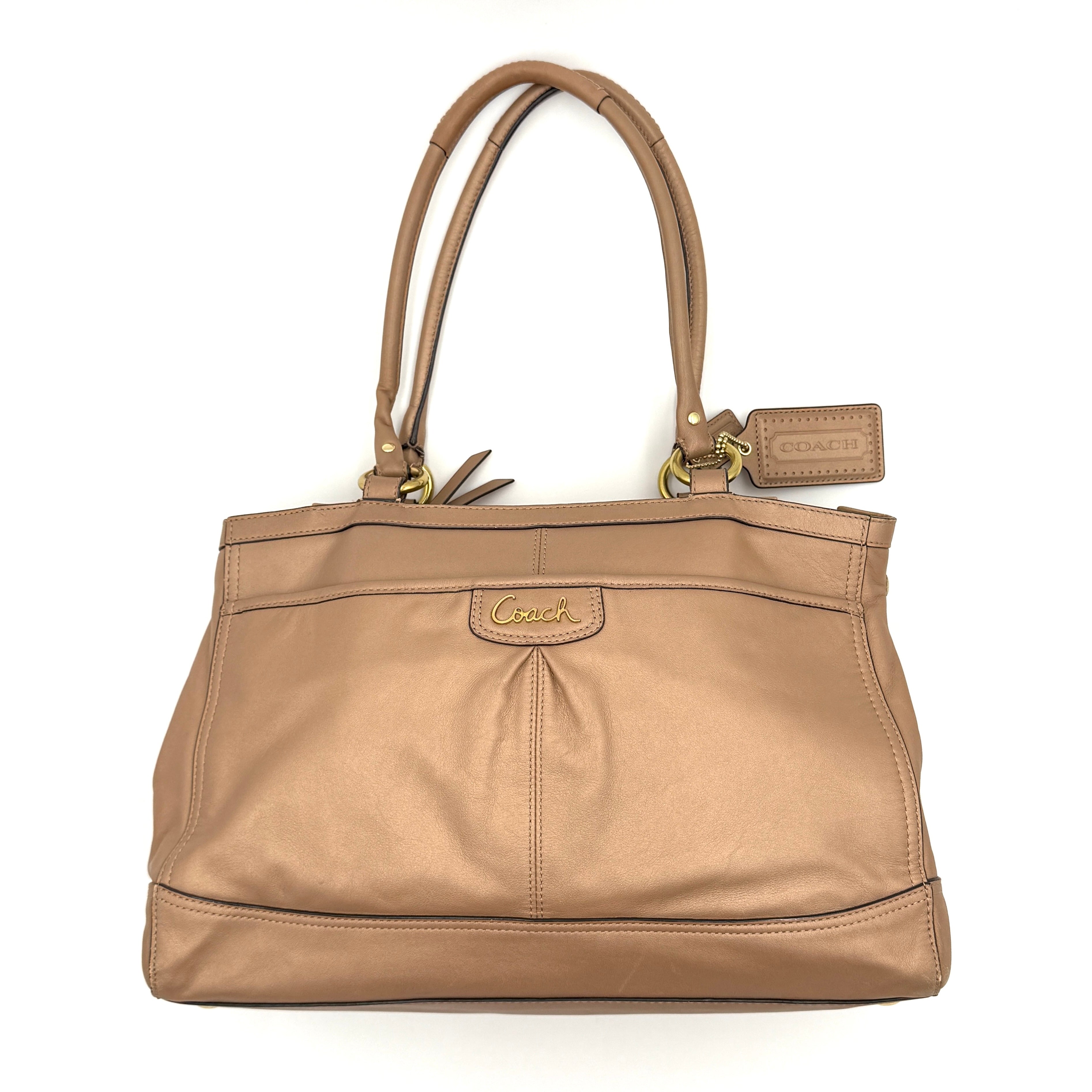 Coach Park Leather Carryall in beige leather with gold-tone hardware and double handles, styled with signature Coach hangtags.