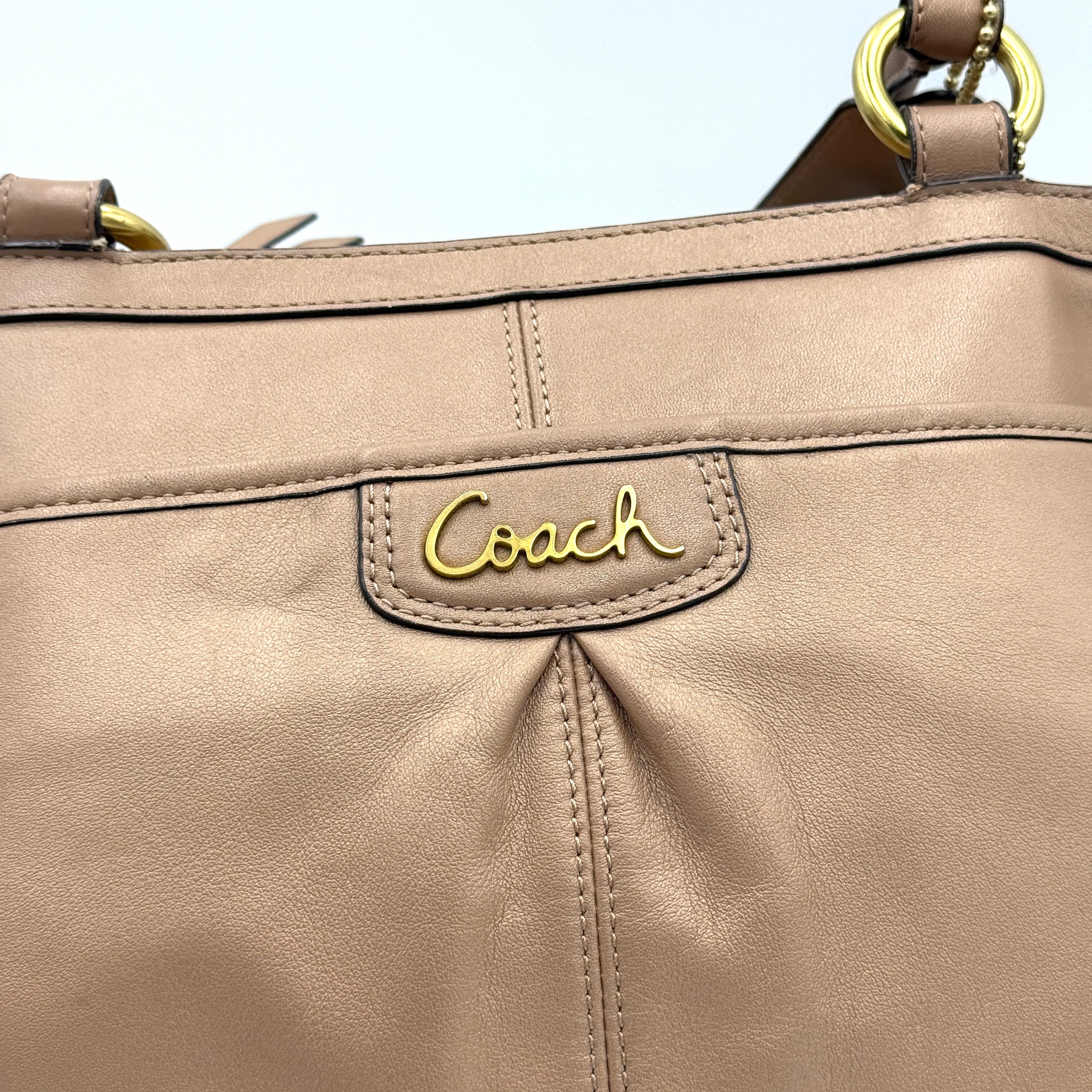 Coach Park Leather Carryall in beige leather with gold-tone hardware and double handles, styled with signature Coach hangtags.