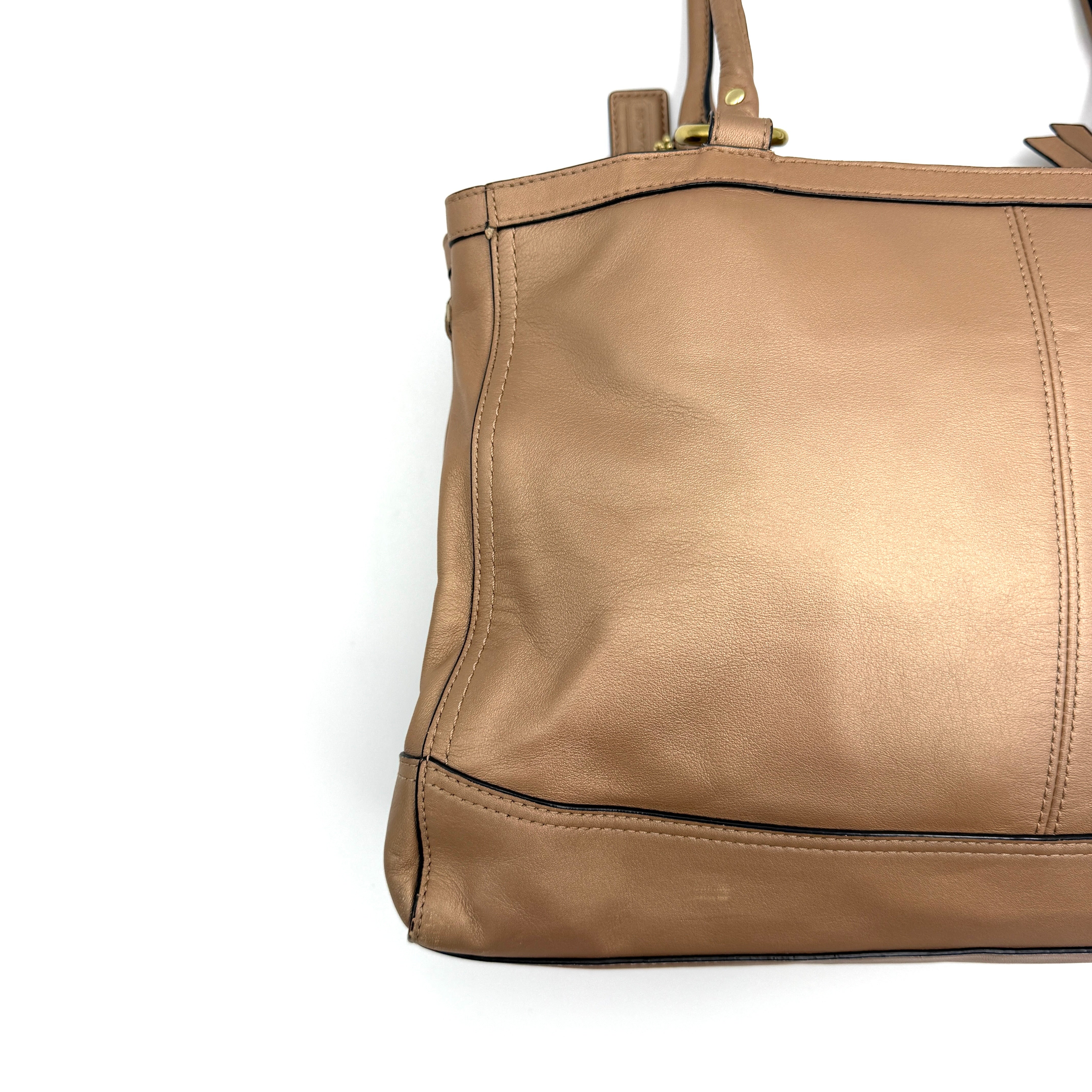 Coach Park Leather Carryall in beige leather with gold-tone hardware and double handles, styled with signature Coach hangtags.