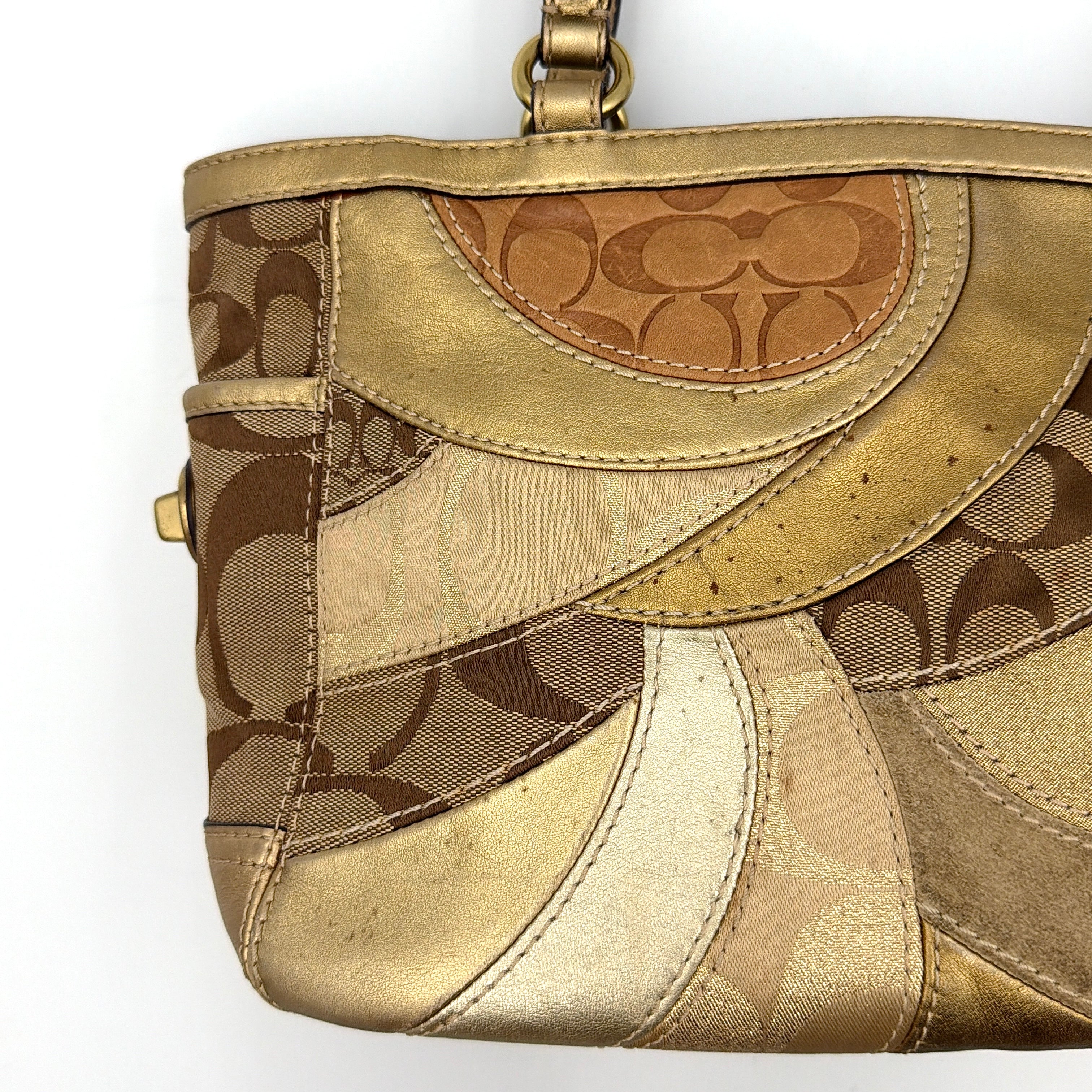 Coach Gallery Tote in mosaic patchwork jacquard and gold leather with signature charms and adjustable handles.
