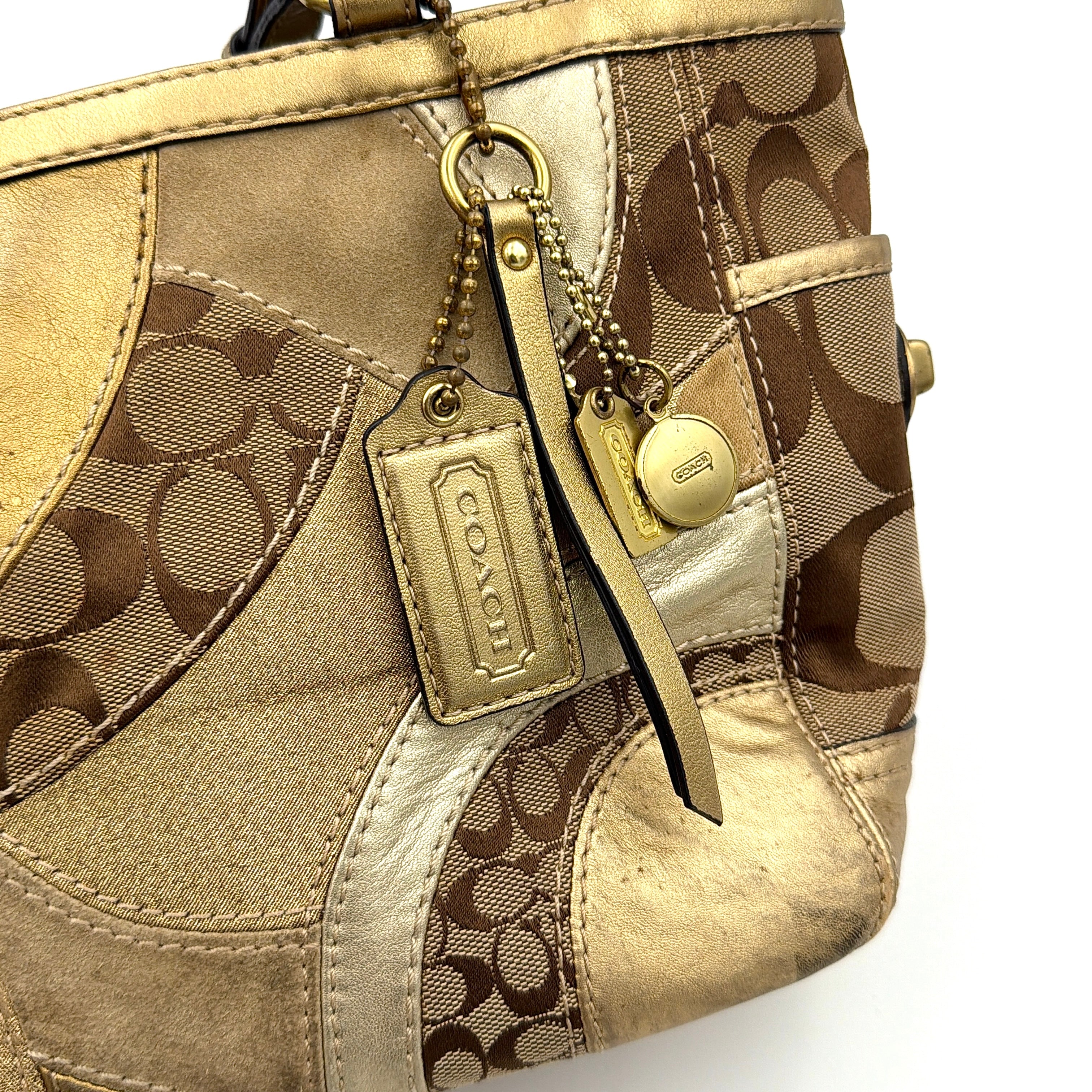 Coach Gallery Tote in mosaic patchwork jacquard and gold leather with signature charms and adjustable handles.