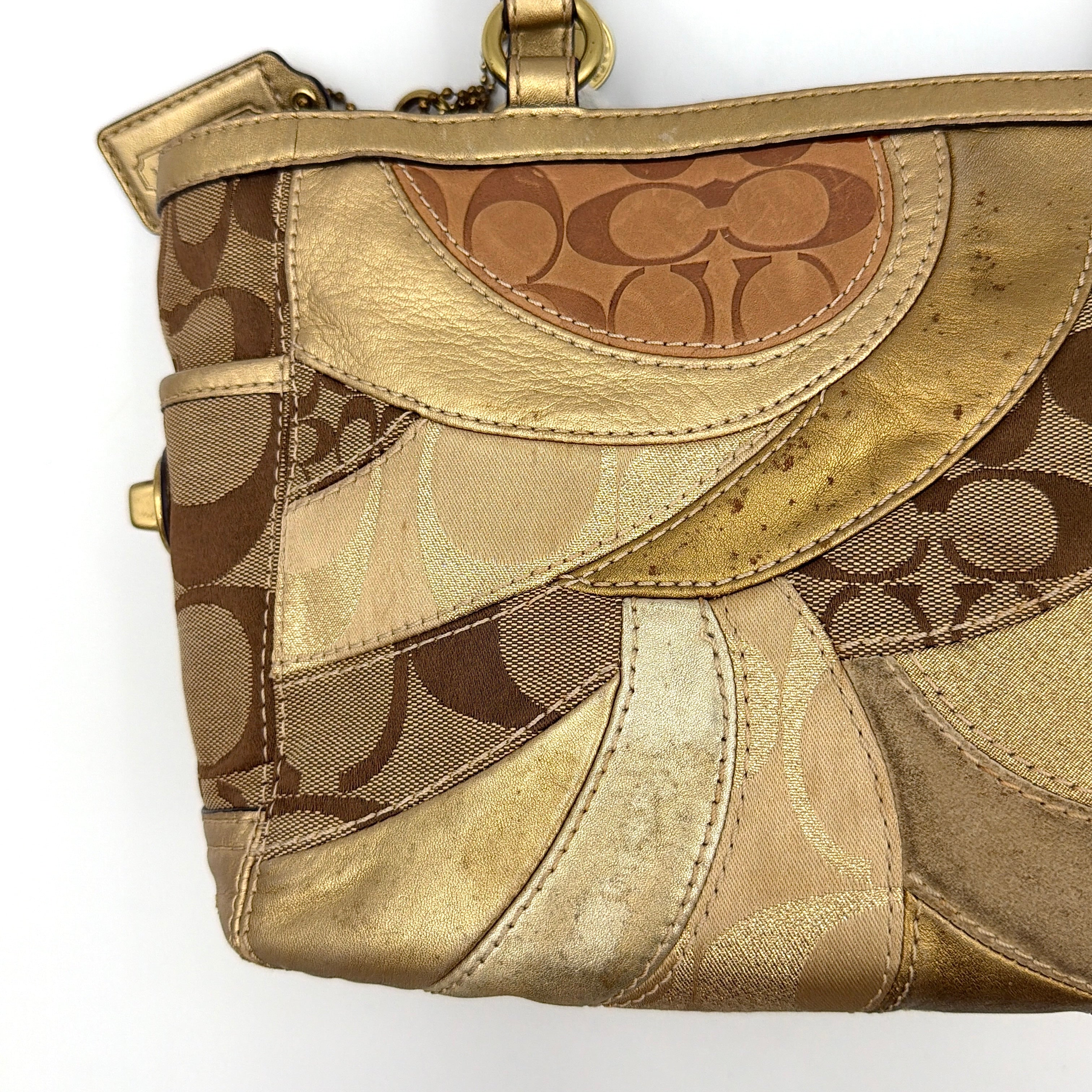 Coach Gallery Tote in mosaic patchwork jacquard and gold leather with signature charms and adjustable handles.