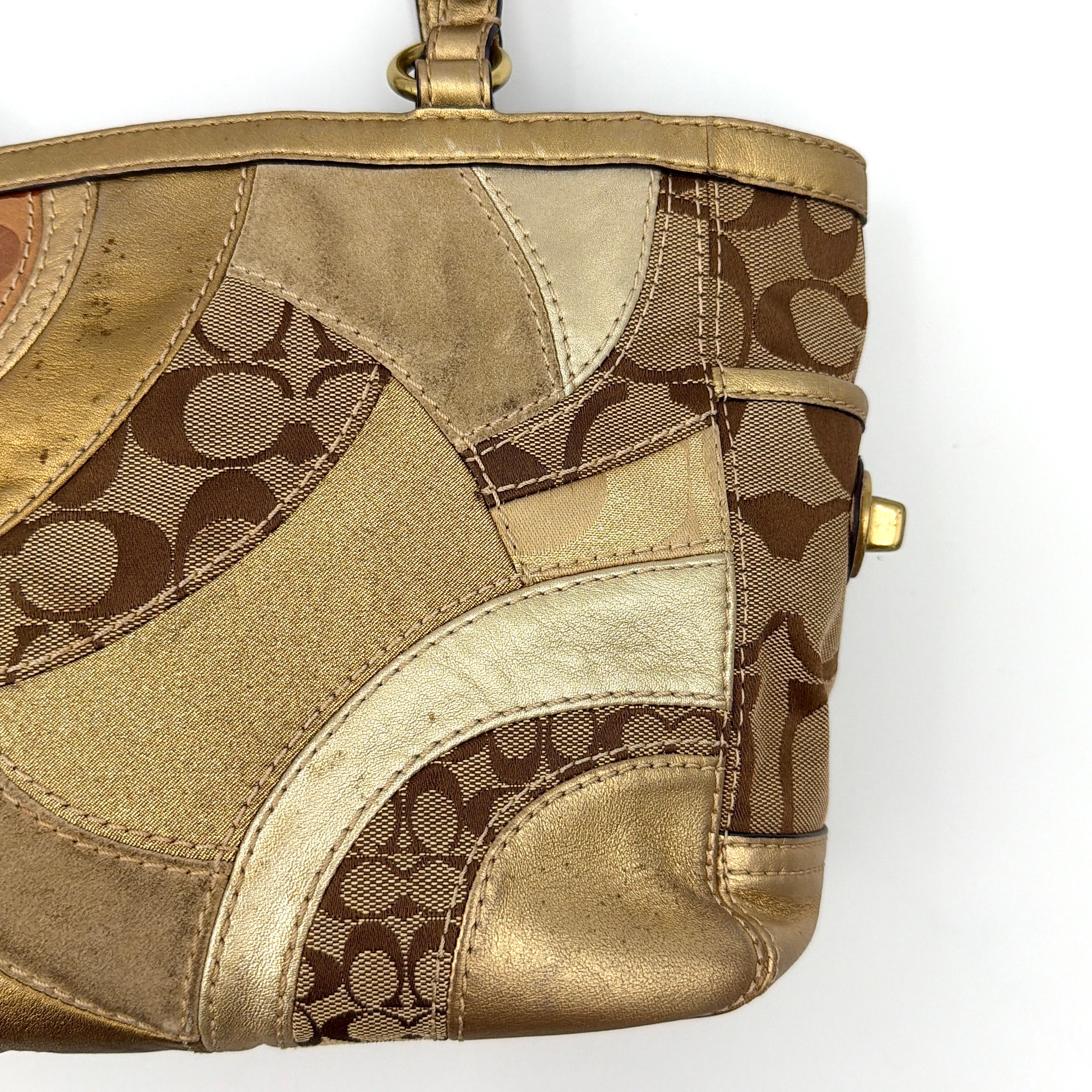 Coach Gallery Tote in mosaic patchwork jacquard and gold leather with signature charms and adjustable handles.