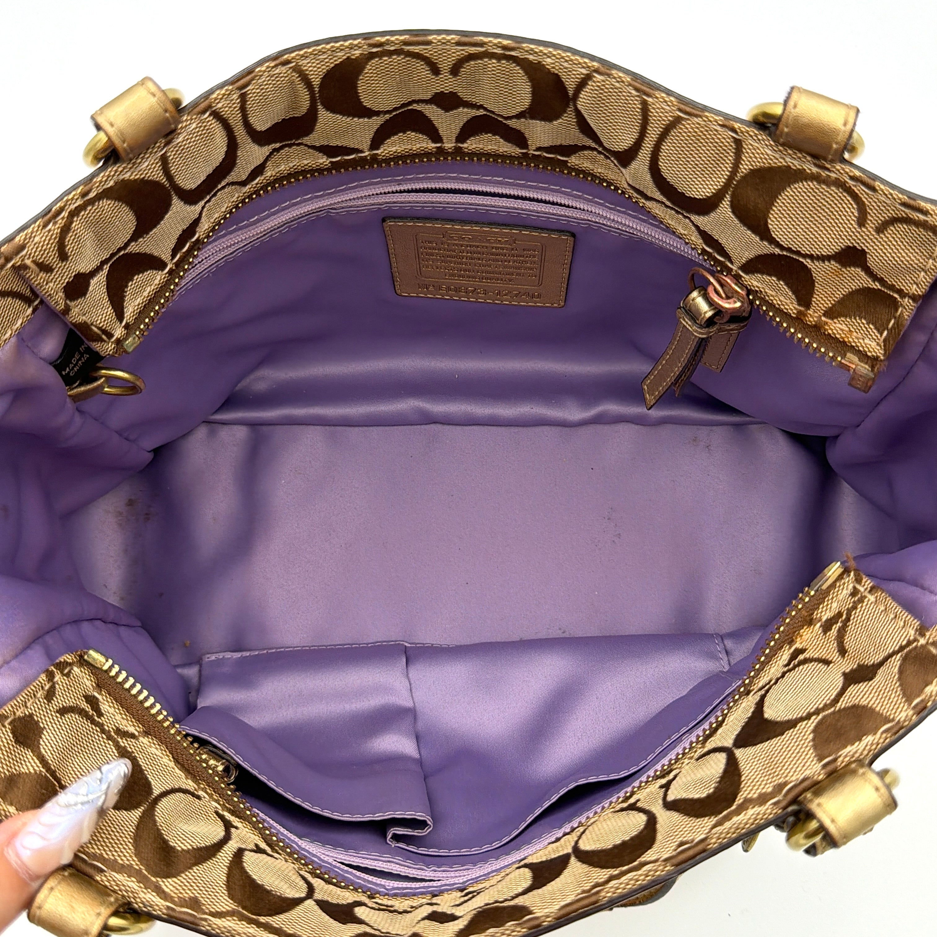 Coach Gallery Tote in mosaic patchwork jacquard and gold leather with signature charms and adjustable handles.