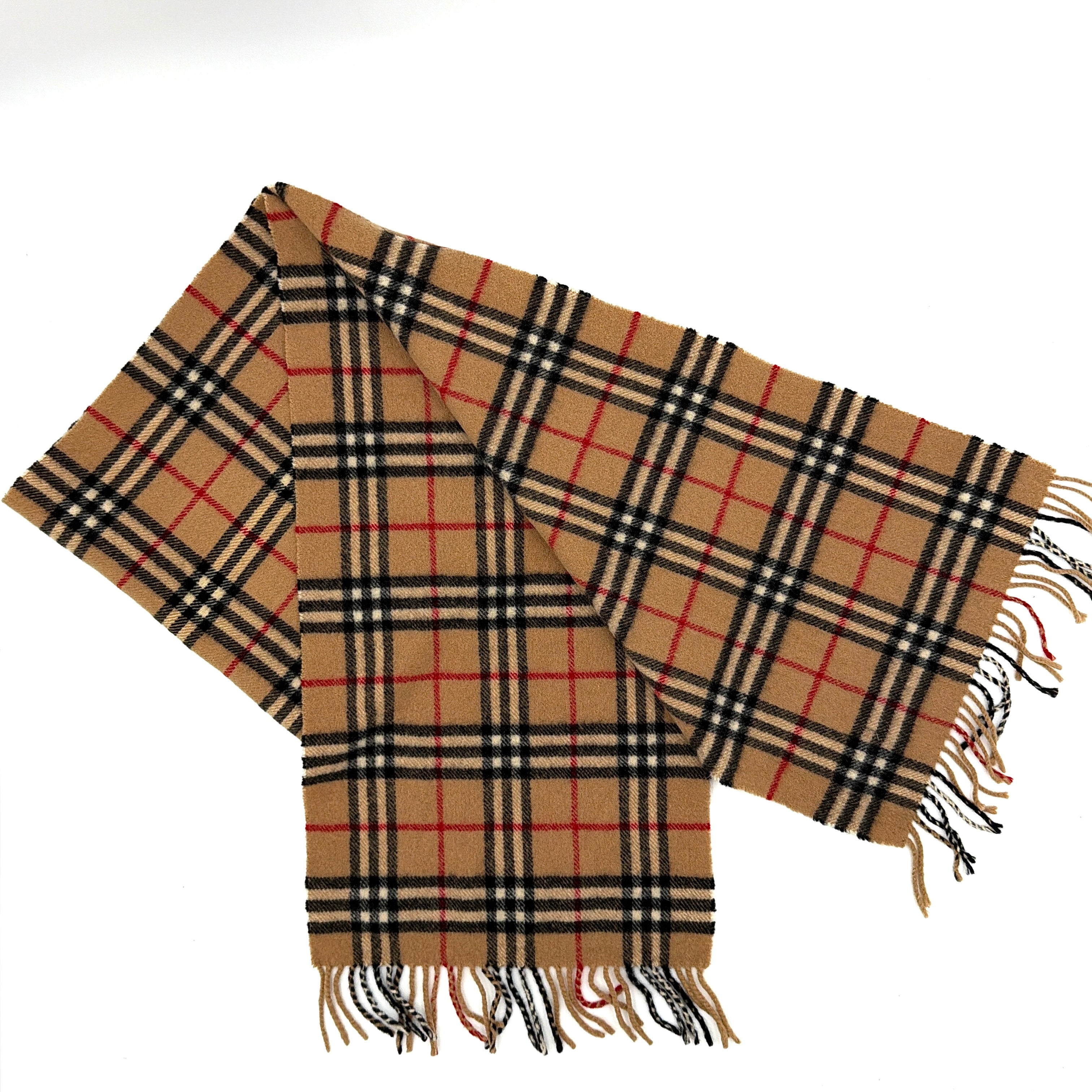 A Burberry Nova Check beige wool scarf with the classic check pattern and twisted fringe edges, finished with a navy woven logo label.