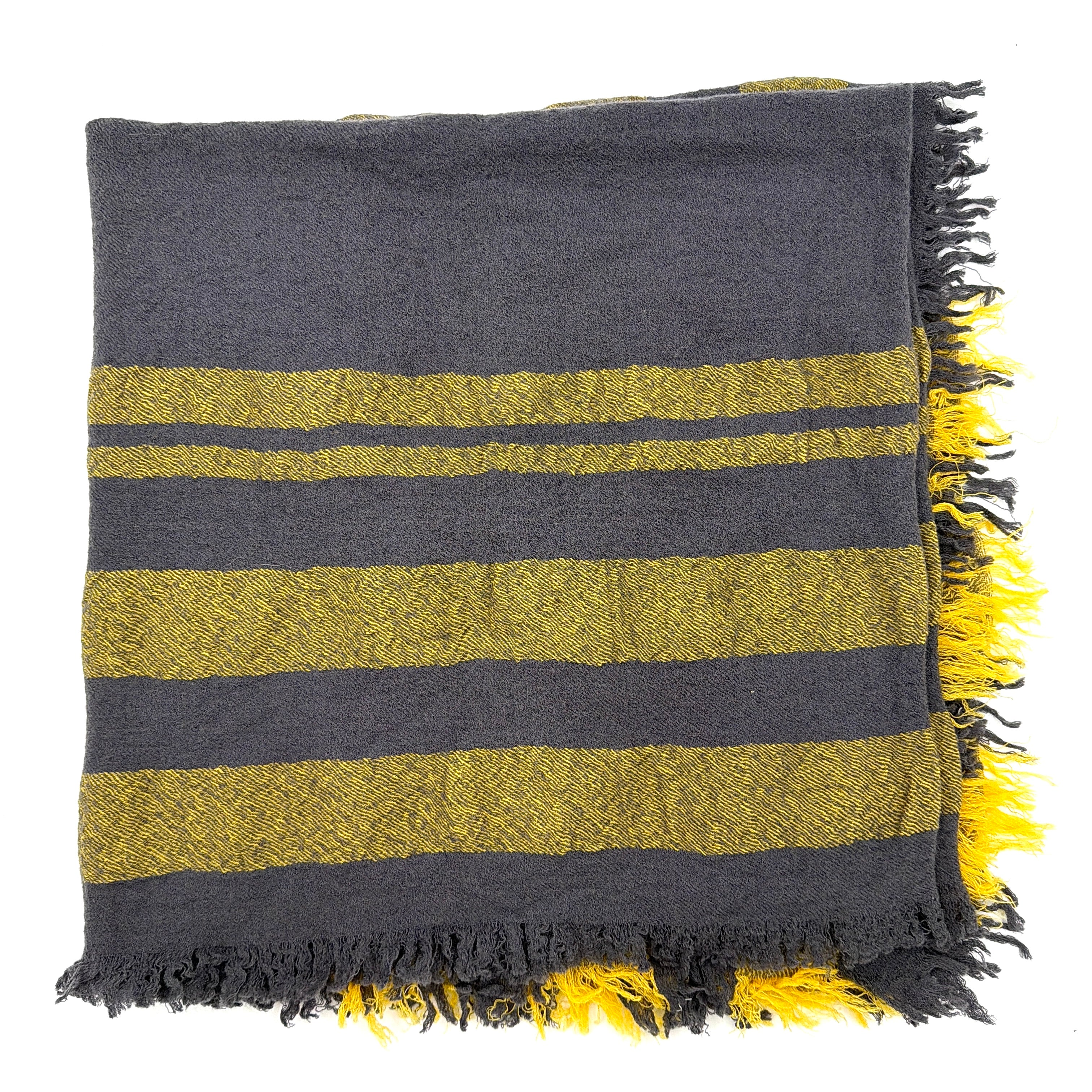Vivienne Westwood yellow and grey check scarf with fringed edges and signature orb embroidery, artfully draped.