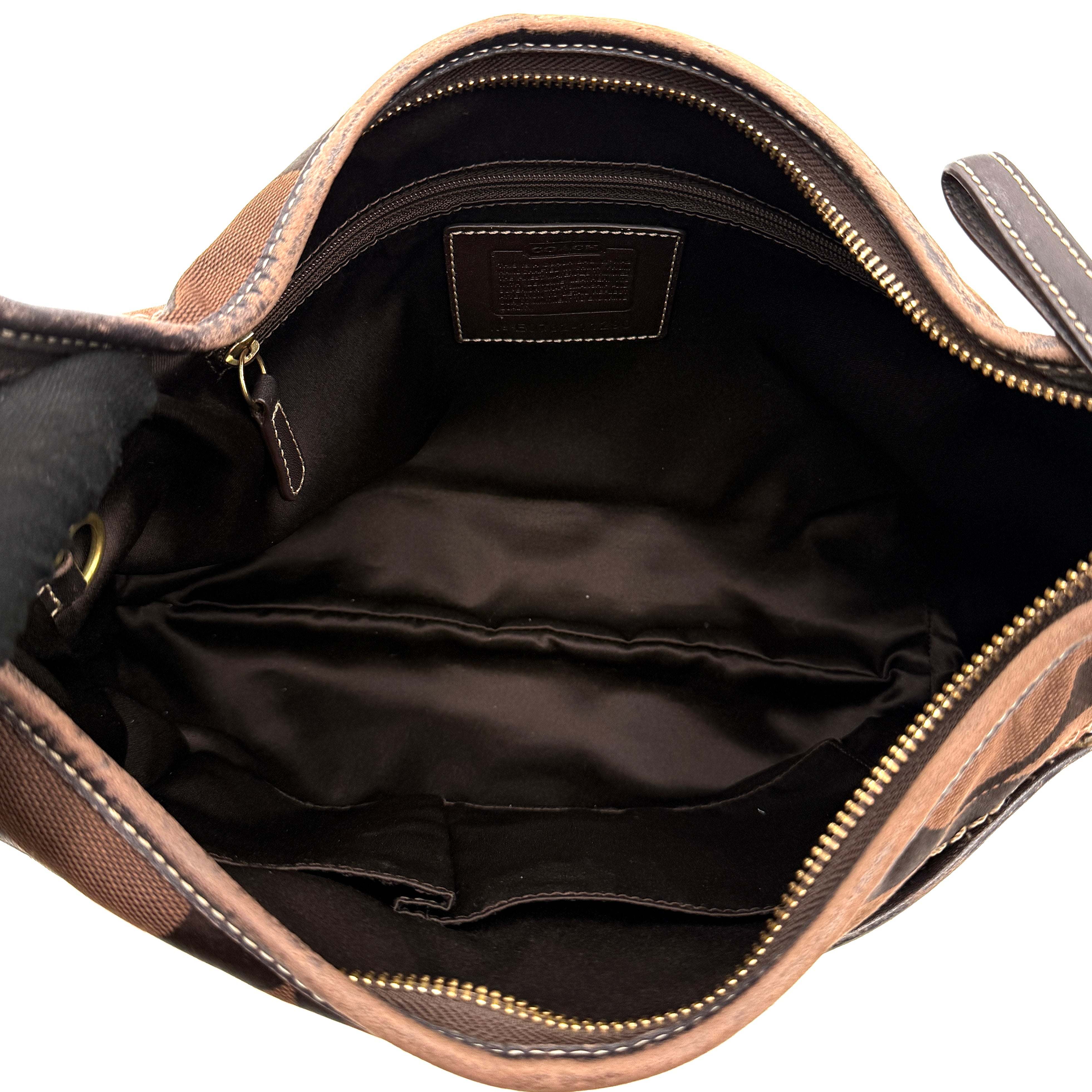 Coach Signature Ergo Hobo Shoulder Bag in brown monogram canvas with dark leather trim and gold-tone hardware, shown from the front.