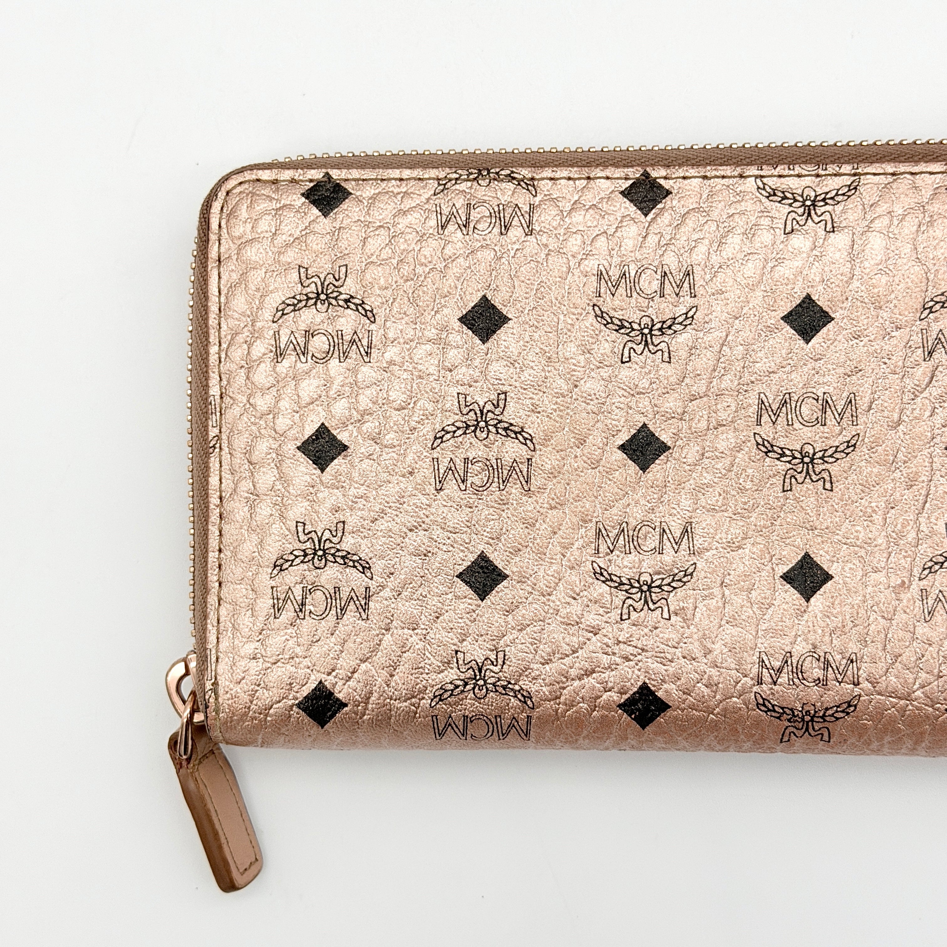 MCM Visetos Monogram Zip Around Wallet Metallic Rose Gold