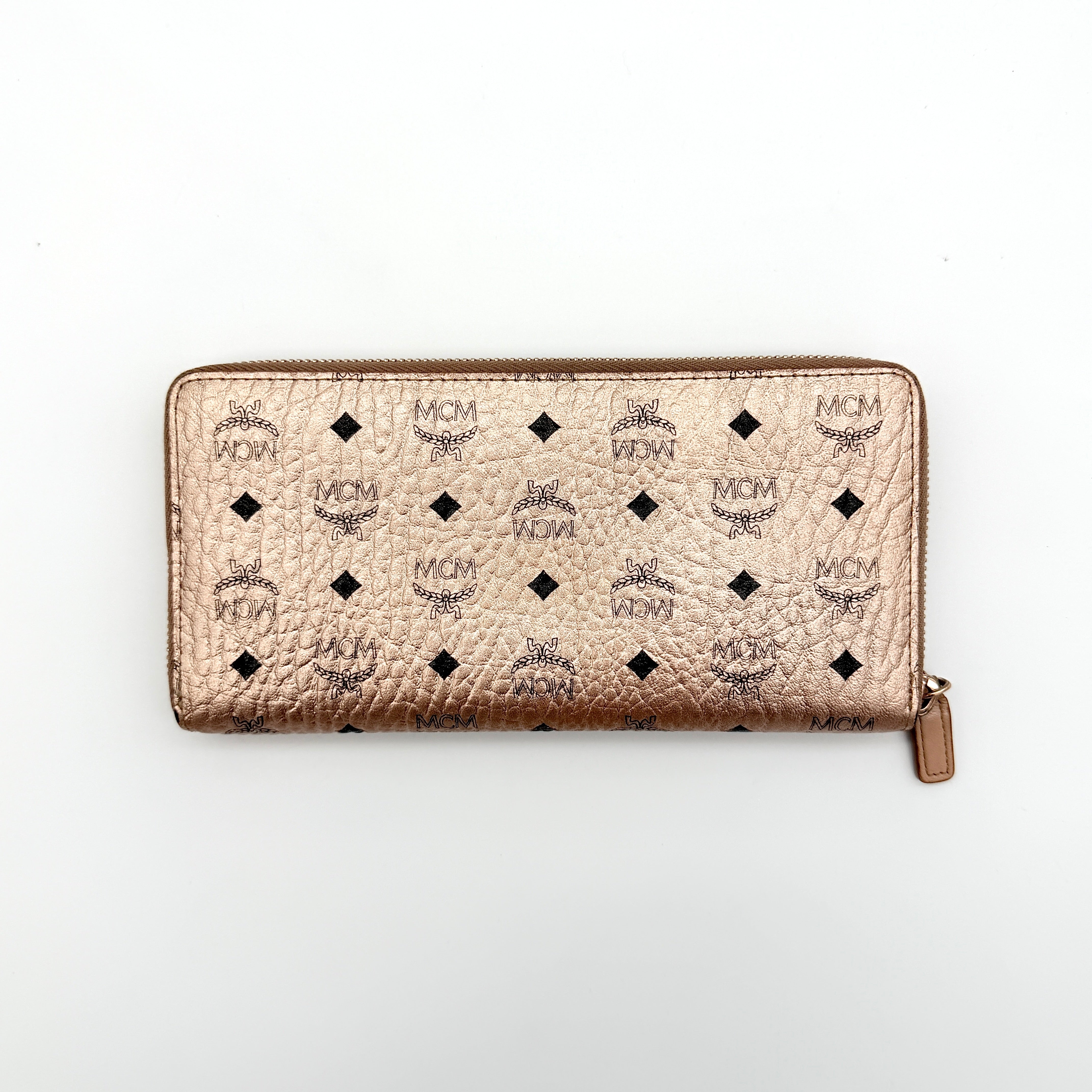 MCM Visetos Monogram Zip Around Wallet Metallic Rose Gold