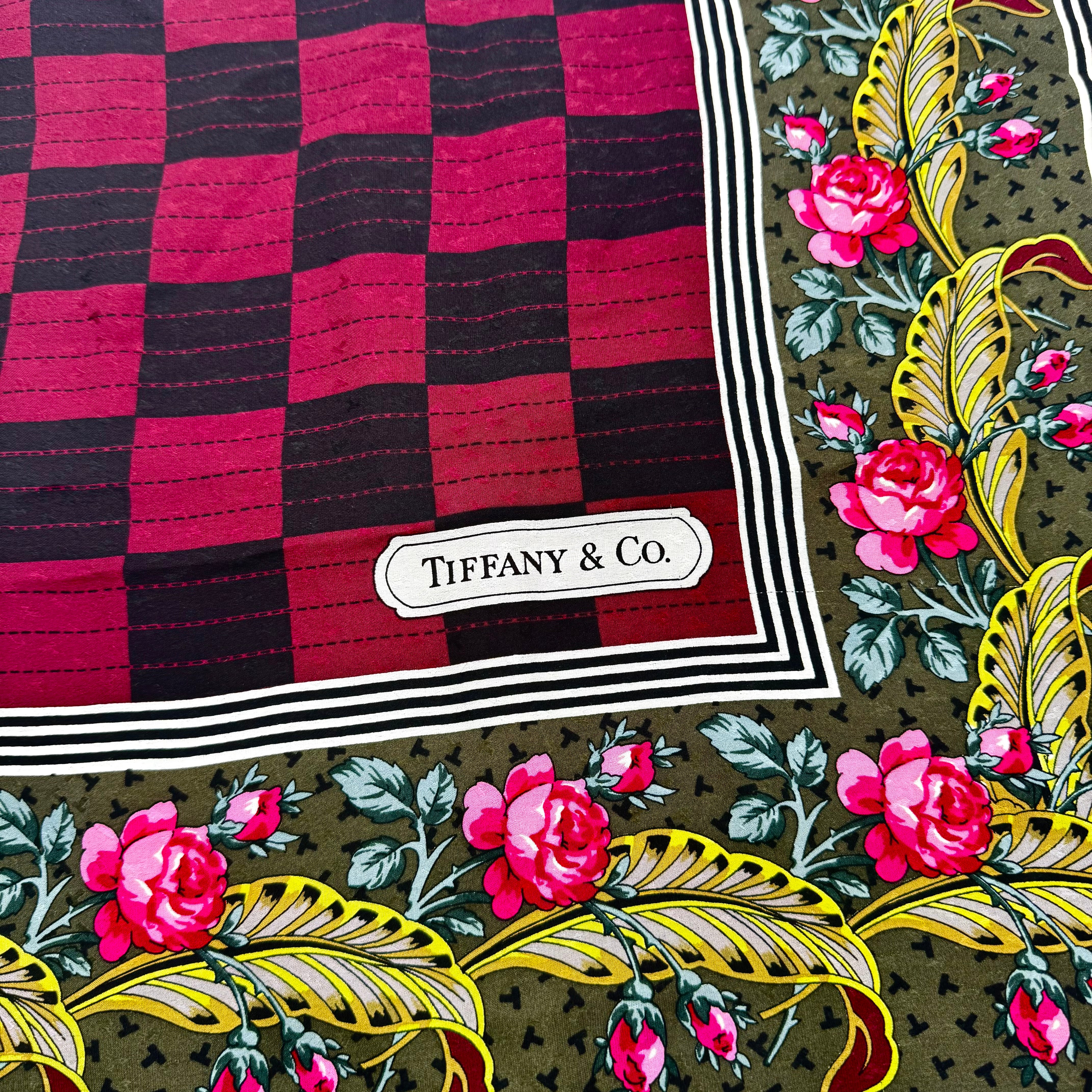Tiffany & Co. Checkered Floral Silk Scarf Burgundy