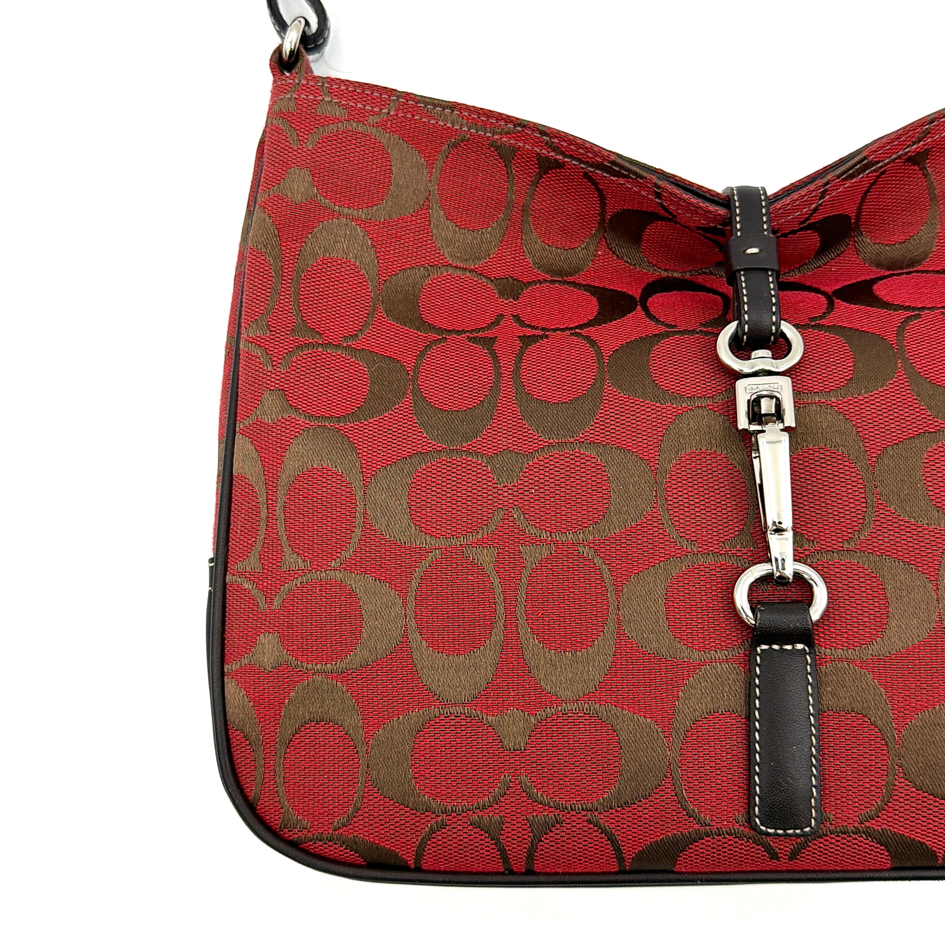 Coach Hobo Signature Clip Canvas Handbag Red/Brown